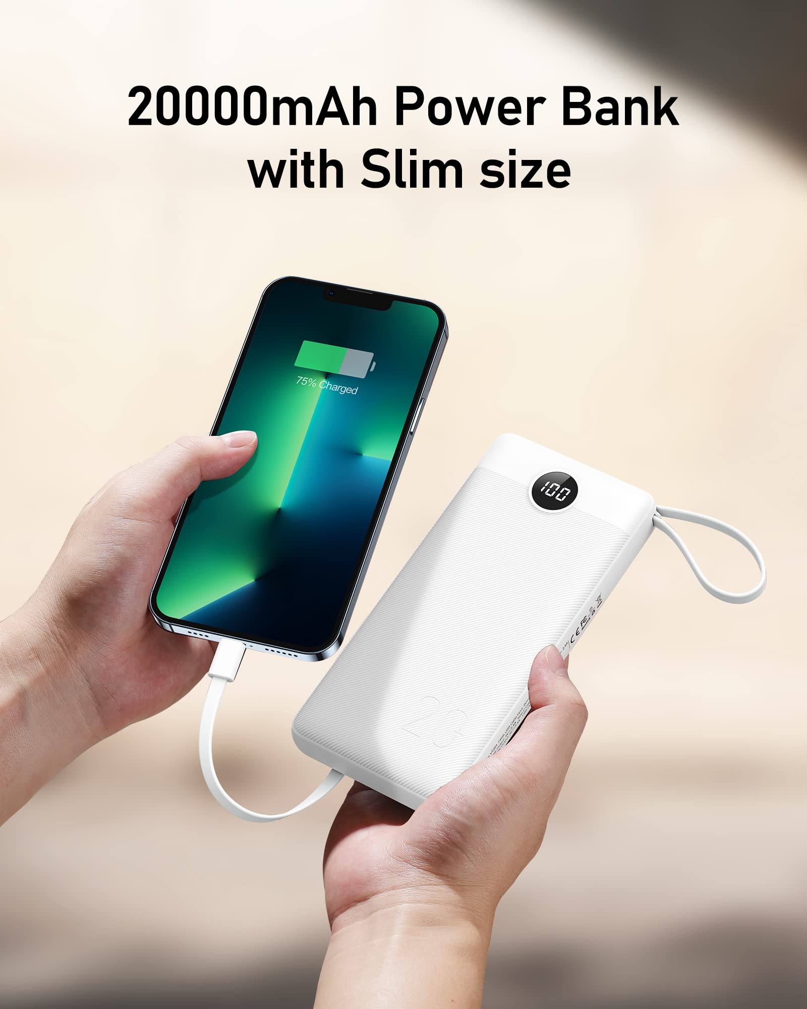 VEEKTOMX Power Bank with Built in Cables 20000mAh, Portable Charger for iPhone, USB C LED Display External Battery iPhone Charger Compatible with iPhone, iPad, Samsung and Android Devices for Travel