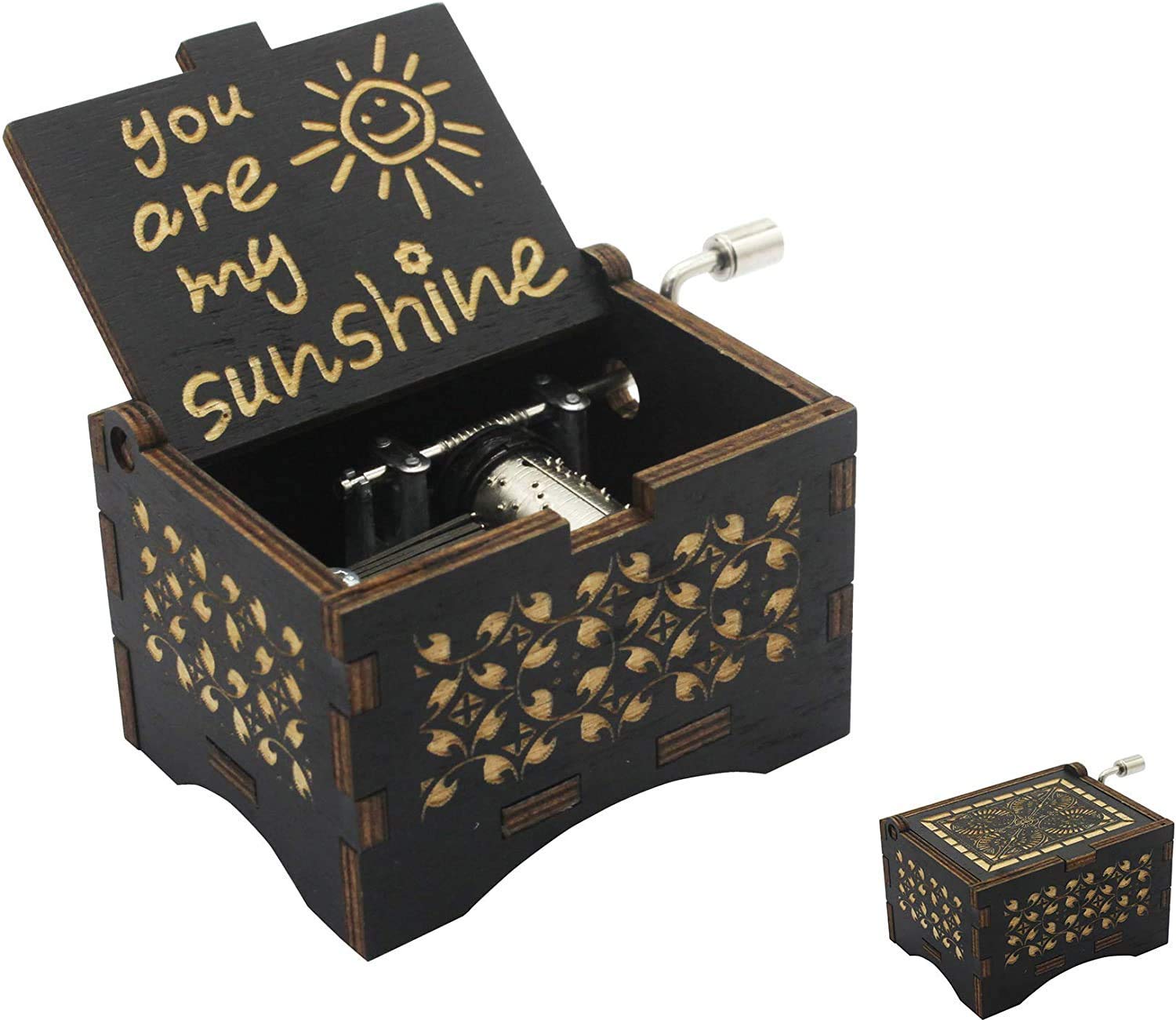 Dream Loom Wooden Music Box, Hand Cranked Laser Engraved Small Musical Boxes for Kids, Play You are My Sunshine Melody