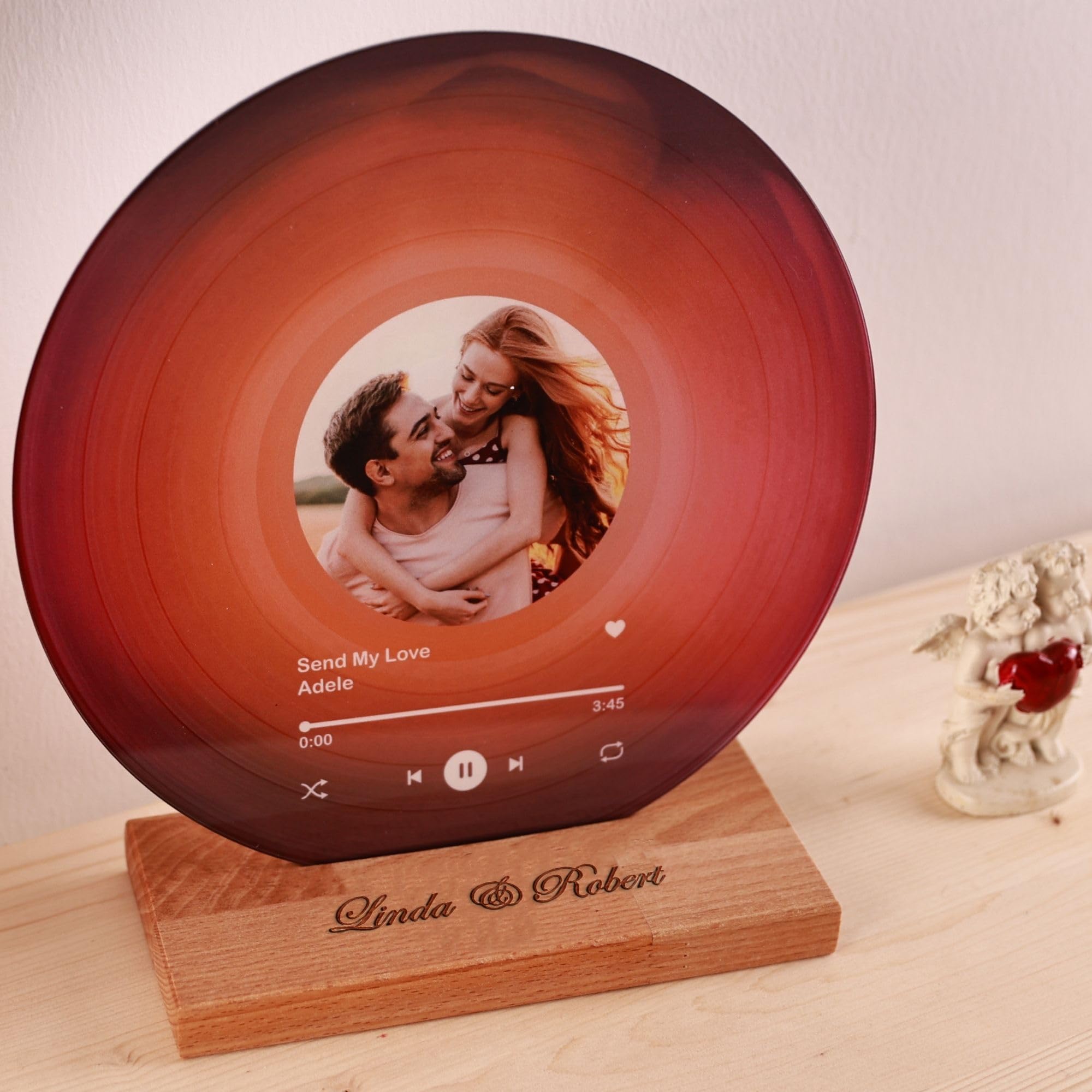 Personalized Vinyl Record with Photo - Custom Acrylic Song Plaque - Unique Gifts for Anniversary, Wedding, Birthday, Valentine’s Day - Decorative Music Home Decor for Couples PLQ0028 (Flame Red)