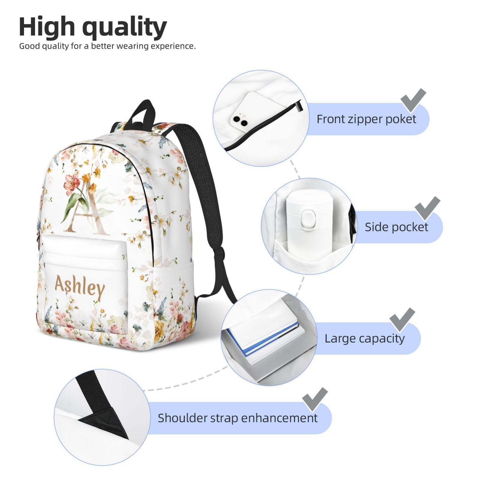 UJDUYSD Personalized Backpack for Girls Boys, Custom Backpacks with Name, Customized Flowers School Bookbags for Kids, Personalized Casual Bookbags for Back to School Travel Picnic 15"