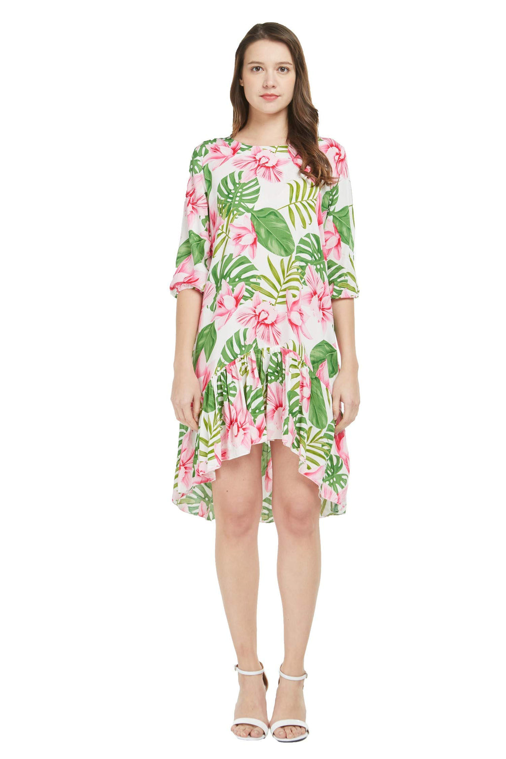 Matchable Family Hawaiian Luau 3/4 Sleeve Dress, Lotus and Orchid, Women, Small