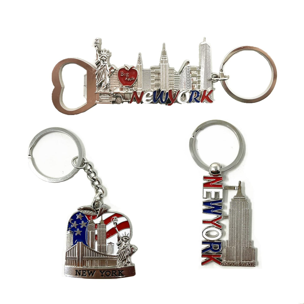 12 Pack Silver NYC Souvenir Collection New York Metal Keychain Ring Bundle Bulk Includes Empire State, Freedom Tower, Statue Of Liberty, USA Flag,NY Cab, Apple, 3 Pc Bottle Opener too And More
