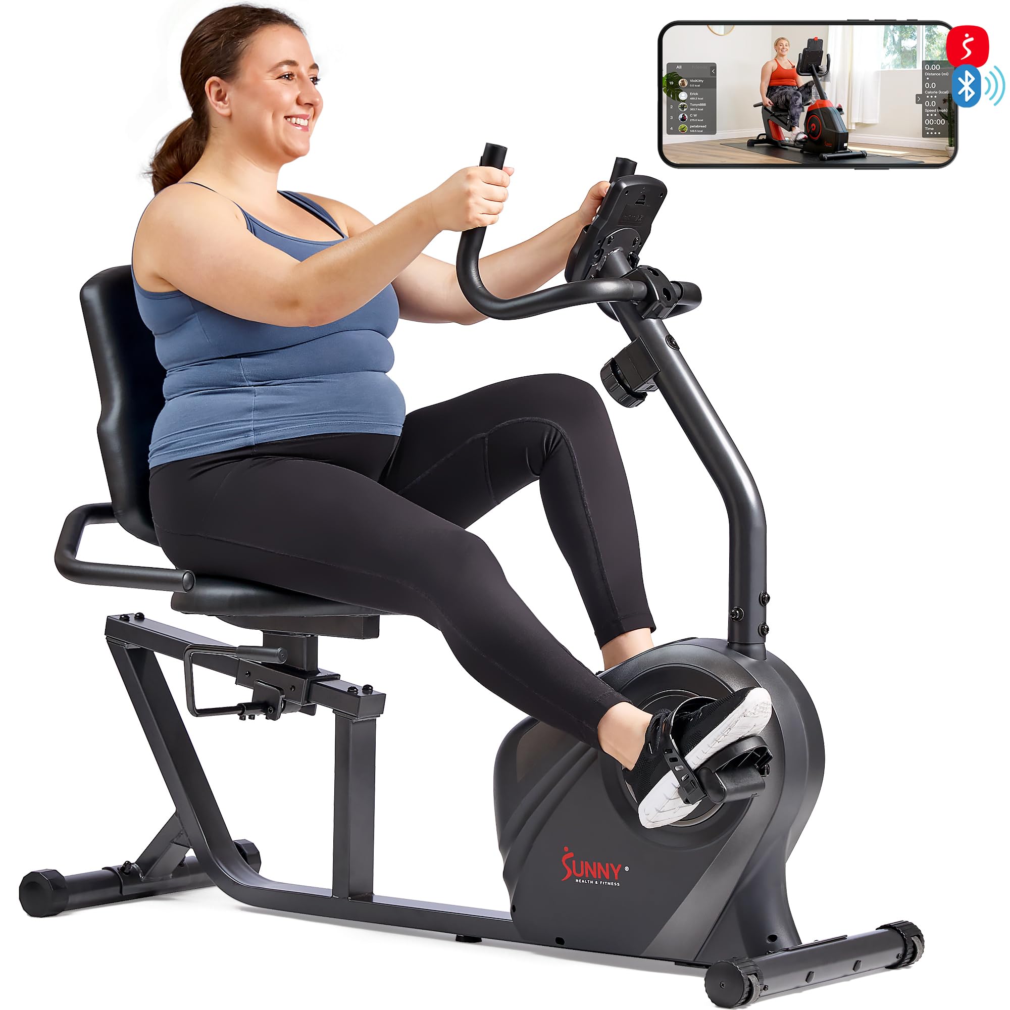 Sunny Health & Fitness Heavy-Duty Recumbent Smart Bike, Wide Cushioned Seat & Back, Cycling Workout Machine, Bicycle Exercise for Adult/Seniors at home, Exclusive Free SunnyFit App Bluetooth Link