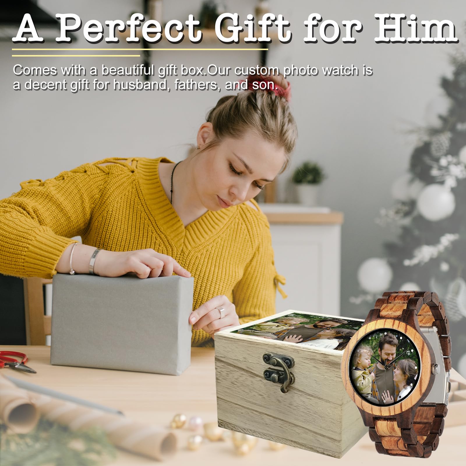 Personalized Customized Wooden Watch for Men Original Engraved Photo Natural Wood Watches with Adjustable Wristband for Birthday Anniversary Present for Husband Dad Son or Boyfriend (Colorful)