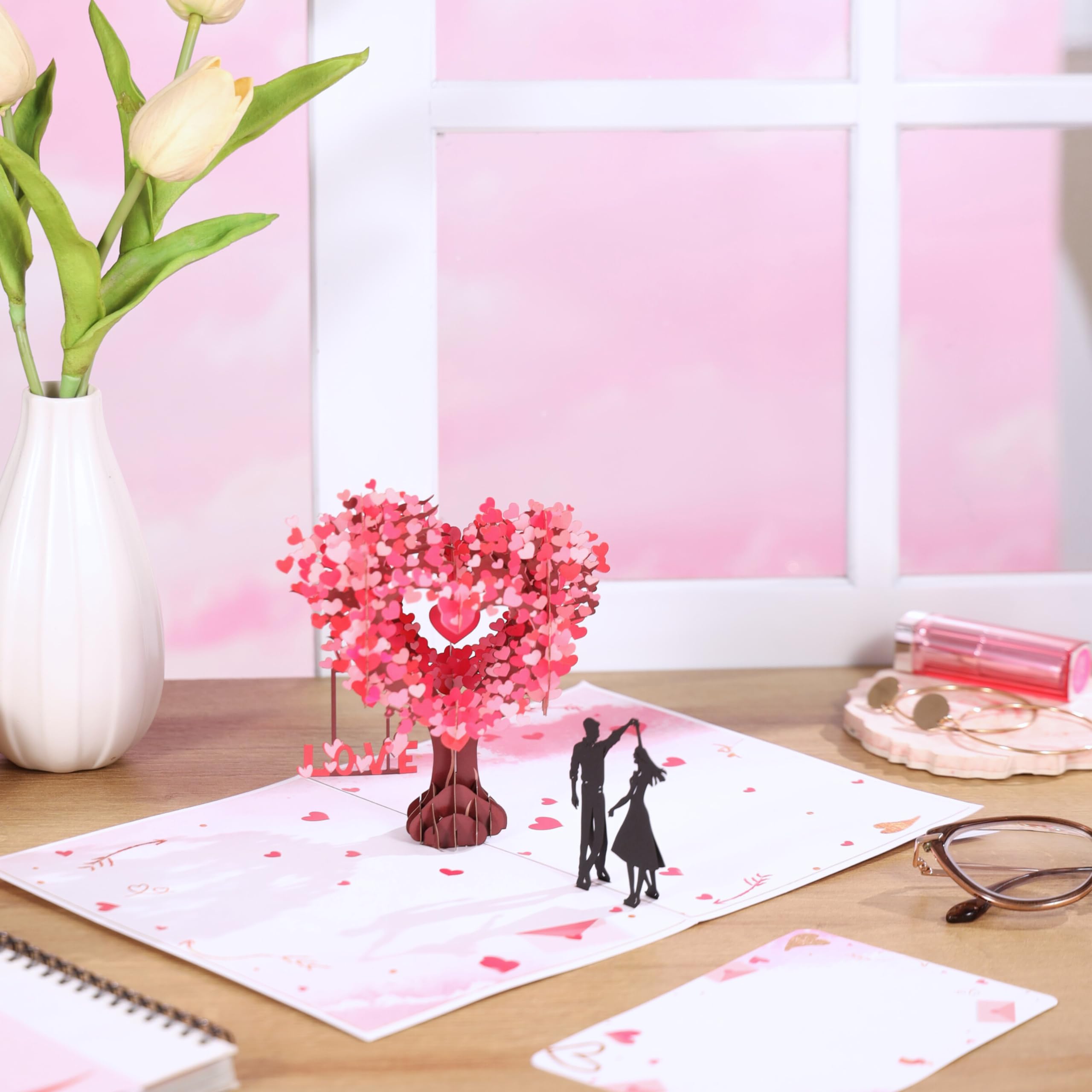 Valentine Day Pop Up Card, 3D Love Tree Hearts Couple Card, Happy Anniversary Card for Her, Wife, Husband, Him, Couple; Wedding Card, Valentines Cards, Mothers Day Card, 6x 8" Romantic Birthday Card