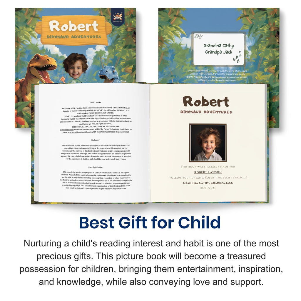 Personalized Children Story Book - Dinosaur Adventure - Customized Name & Photo - Baby Gifts - Kids Engaging Story - Elfink (Soft Cover)