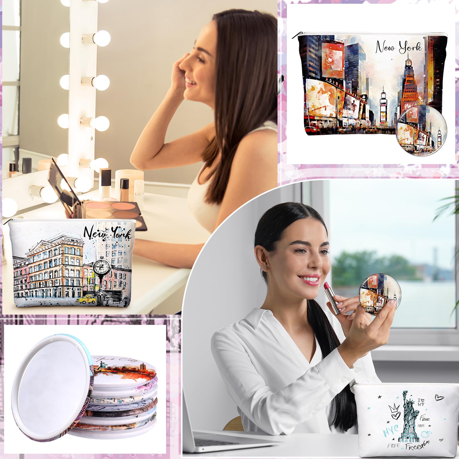 Bulyoou 36 Set New York Souvenirs Gifts Include 36 Pcs City Cosmetic Bag Bulk New York Makeup Bag 36 Pcs NYC Souvenirs Makeup Mirrors for Girl Women Traveler Birthday Valentine Party Favors