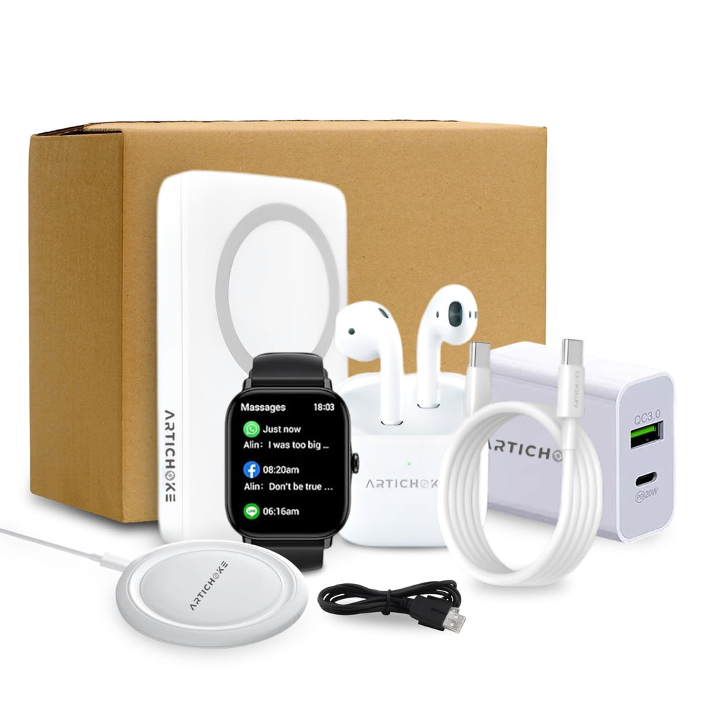 Artichoke 8-in-1 Tech Gadget Kit | Gifts for men - Power Bank 10000mAh, Smart Watch, TWS Earphones, Wireless Charger, Charging Adapter