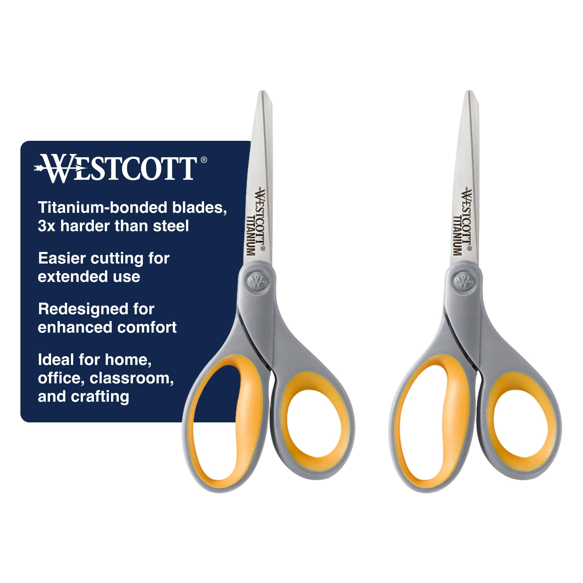 Westcott 13901 8-Inch Titanium Scissors For Office and Home, Yellow/Gray, 2 Pack