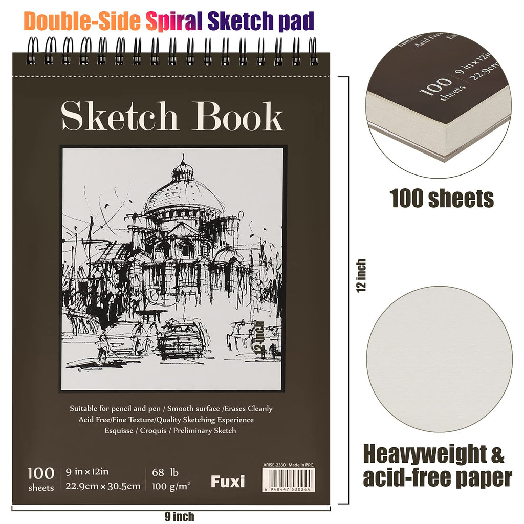 Fuxi 9" x 12" Sketch Book, Top Spiral Bound Sketch Pad, 1 Pack 100 Sheets 68lb/100gsm, Acid Free Art Sketchbook Artistic Drawing Painting Writing Paper for Kids Adults Beginners Artists