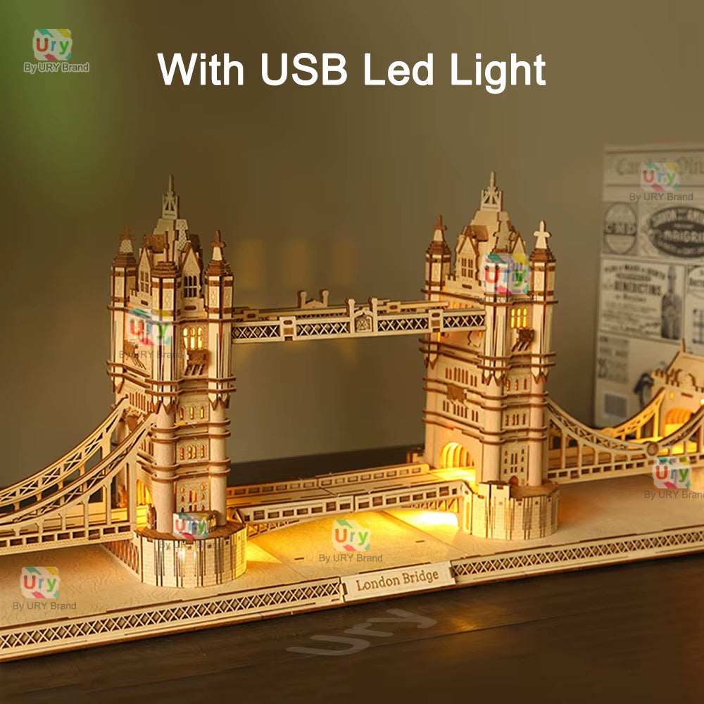 3D Wooden Puzzle England London Tower Bridge with Light LED Retro Assembly Souvenir Kits for Adult DIY Model Decoration Gift