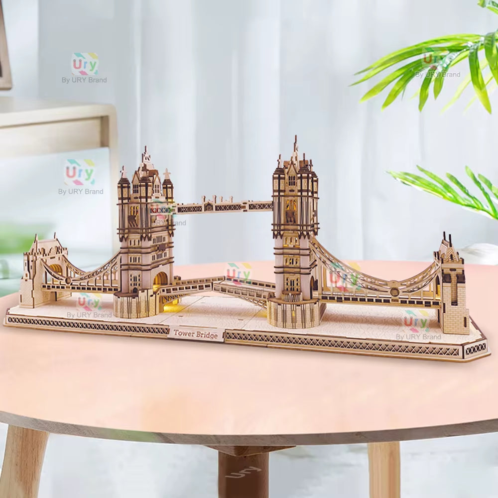 3D Wooden Puzzle England London Tower Bridge with Light LED Retro Assembly Souvenir Kits for Adult DIY Model Decoration Gift