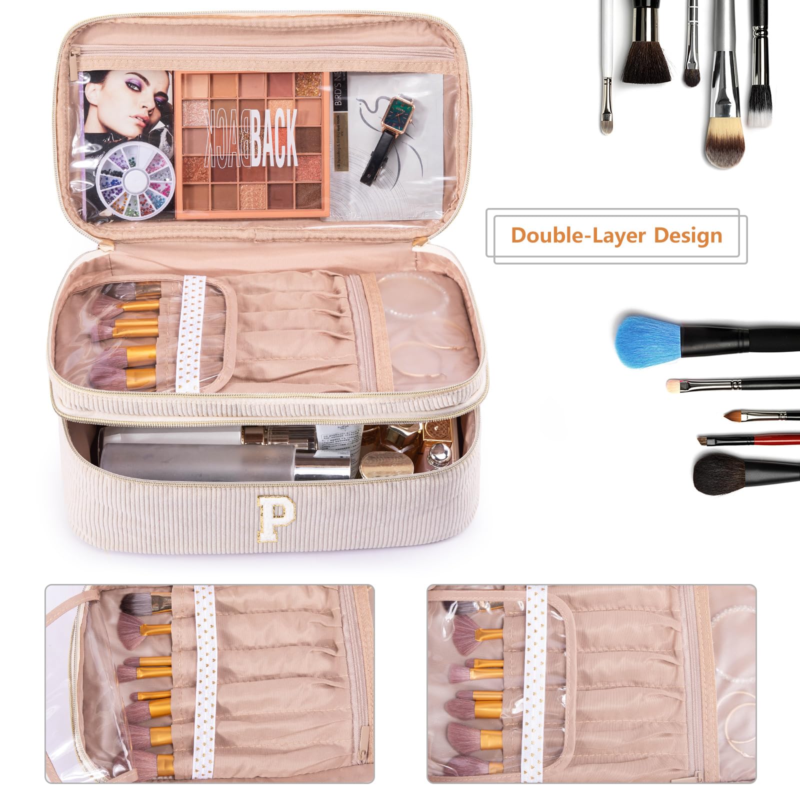 AMOIGEE Initial Makeup Bag Organizer,Personalized Double Layer Train Case, Travel Toiletry Bag for Makeup Brushes for Teens Girl, Skincare Gift Set, Initial Cute Cosmetic Make Up Bag for Women