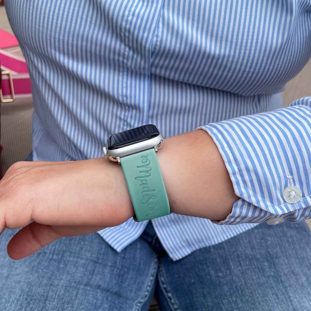 Custom Personalized Bands Compatible with Apple Watch 38mm 40mm 42mm 44mm, Name Monogram Laser Engraved Gift Soft Silicone Sport Loop Replacement Wrist Strap for iWatch Series 9/8/7/SE/6/5/4/3/2/1