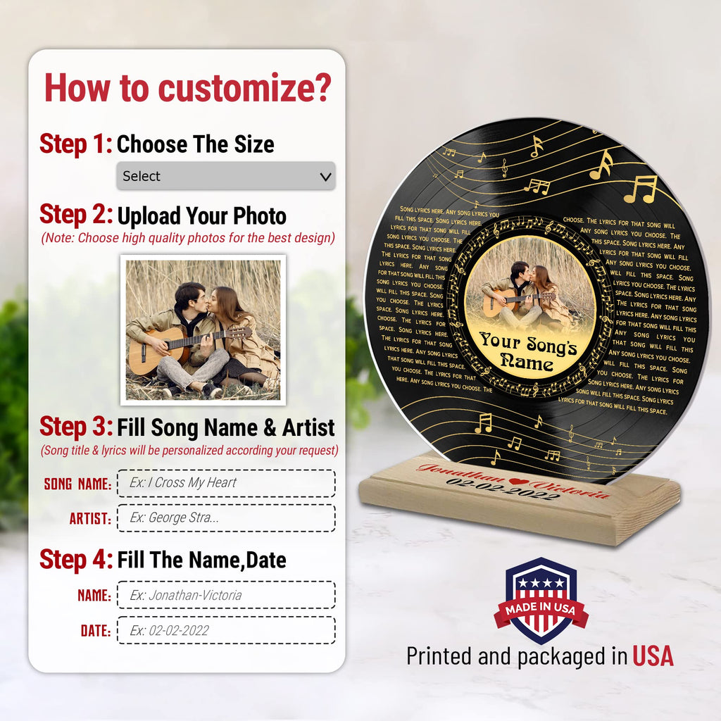 H-DEWALL Personalized Acrylic Song Lyrics With Photo Gifts For Him Name Date Picture Customized Vynil Record Photo Music Gifts For Men Decor Portrait Art Inspirational (Custom Gifts For Men)