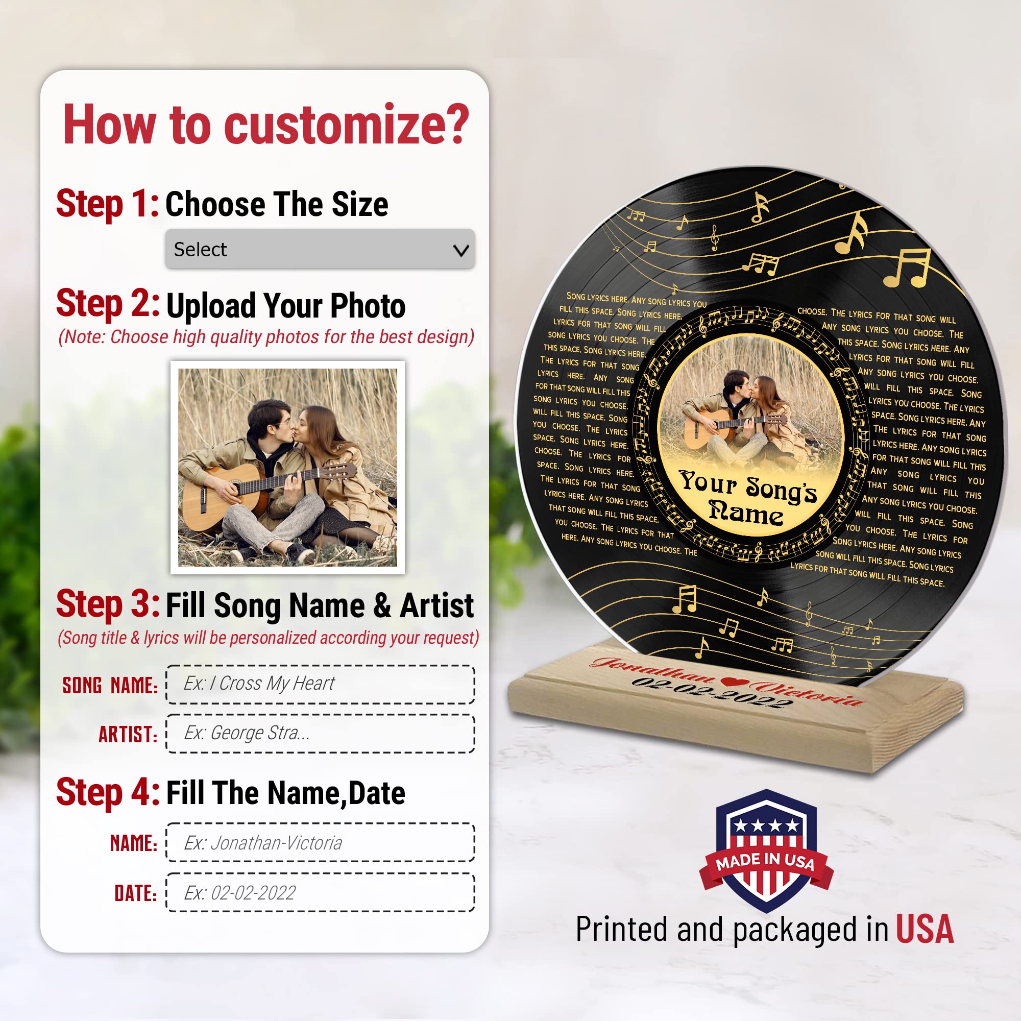 H-DEWALL Personalized Acrylic Song Lyrics With Photo Gifts For Him Name Date Picture Customized Vynil Record Photo Music Gifts For Men Decor Portrait Art Inspirational (Custom Gifts For Men)