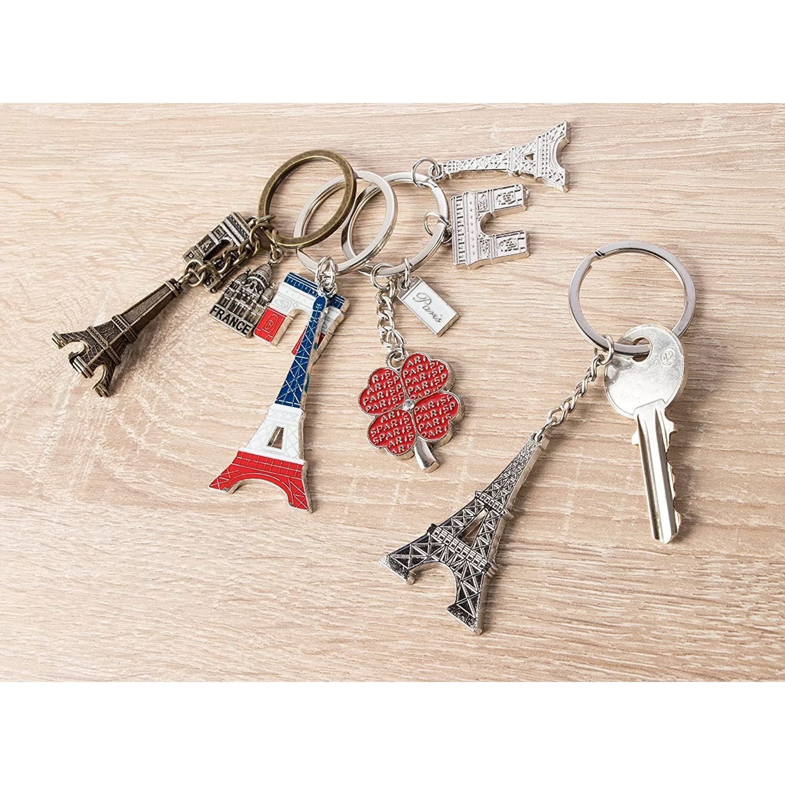 Juvale 6 Pack Paris Keychain, France Souvenir Gift, Eiffel Tower, French Flag, and Arc de Triomphe Metal Key Rings, Ideal Paris Souvenirs from France, Silver/Bronze