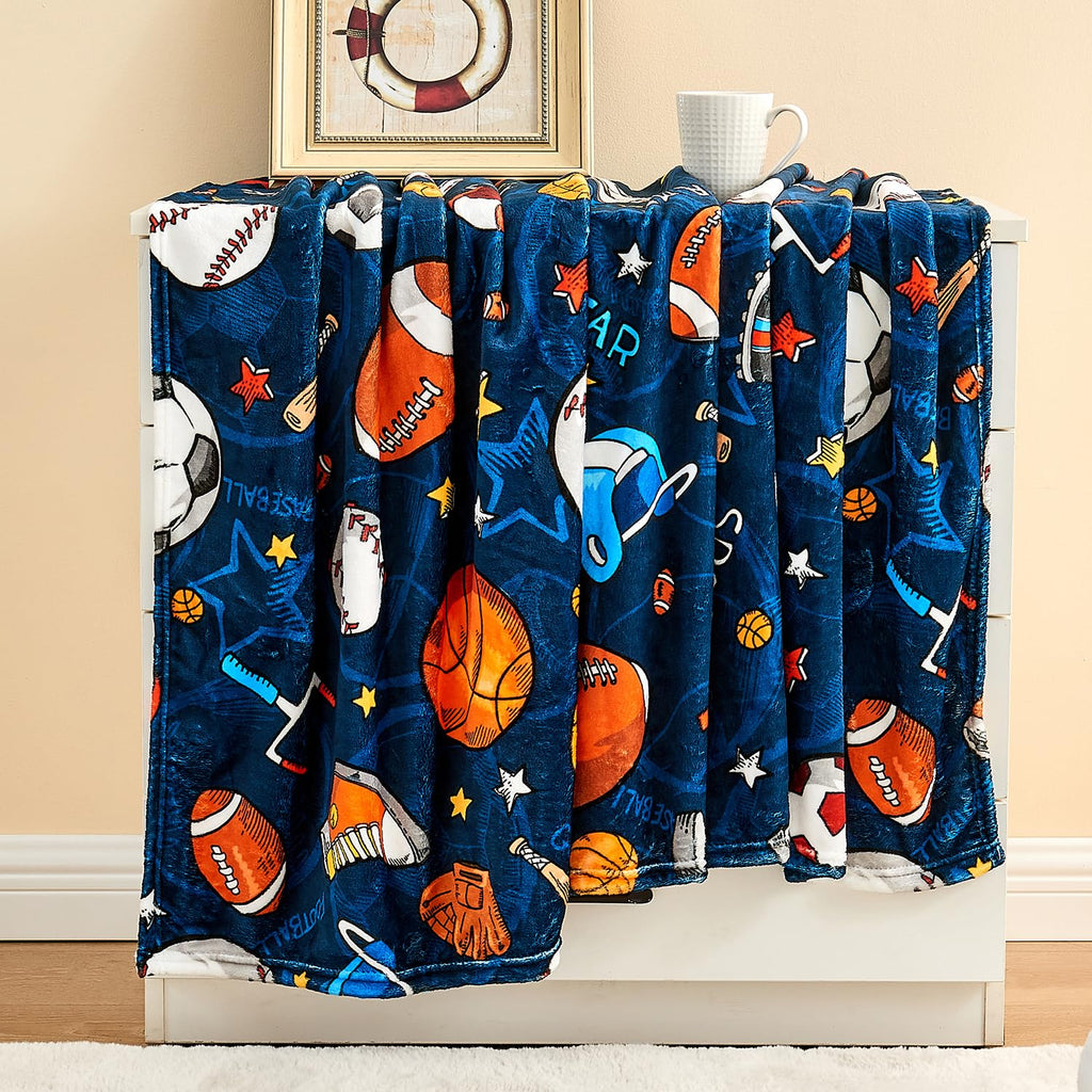 Wajade Sports Blanket for Boys,Soft Fleece 3D Soccer Basketball Baseball Football Kids Blanket for Couch Sofa Bedroom, Fuzzy Blanket and Throws Ball Blanket for Kids Boys Teens,50"x60"