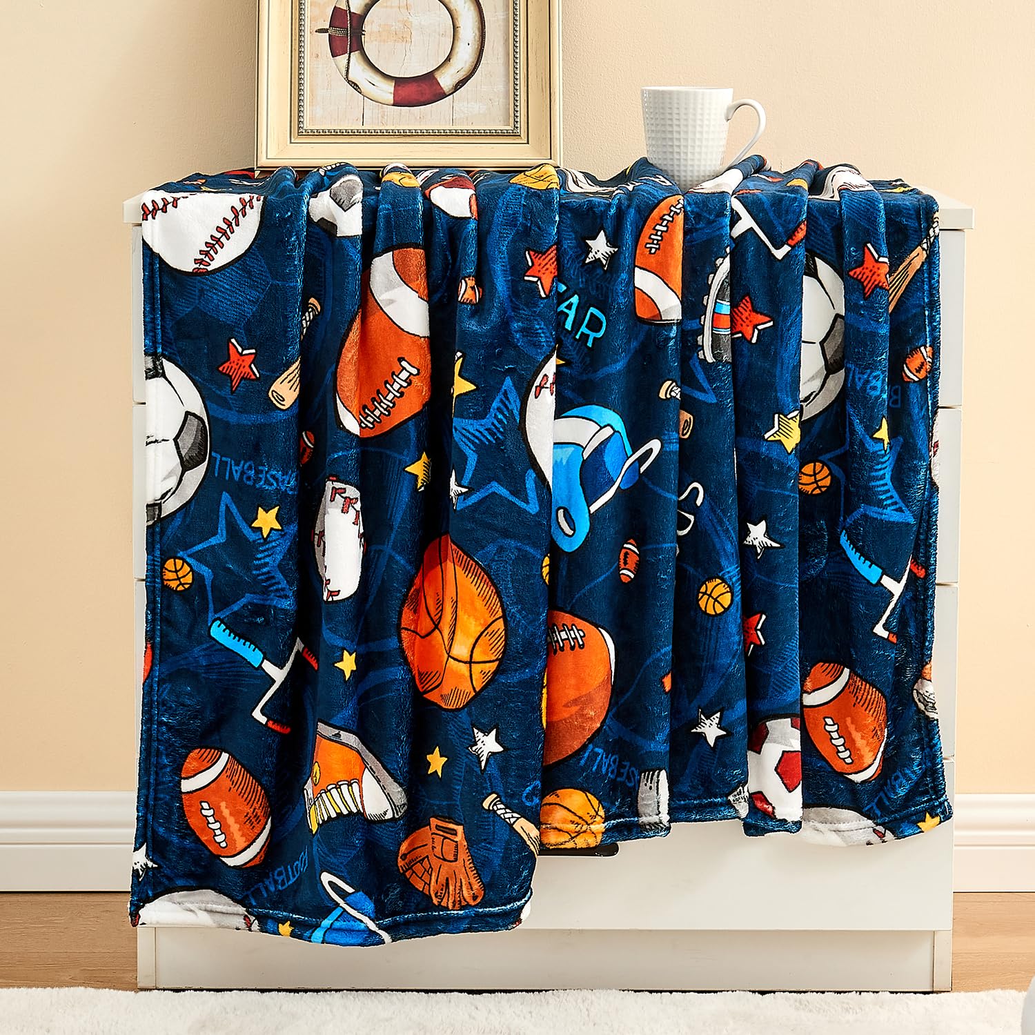 Wajade Sports Blanket for Boys,Soft Fleece 3D Soccer Basketball Baseball Football Kids Blanket for Couch Sofa Bedroom, Fuzzy Blanket and Throws Ball Blanket for Kids Boys Teens,50"x60"