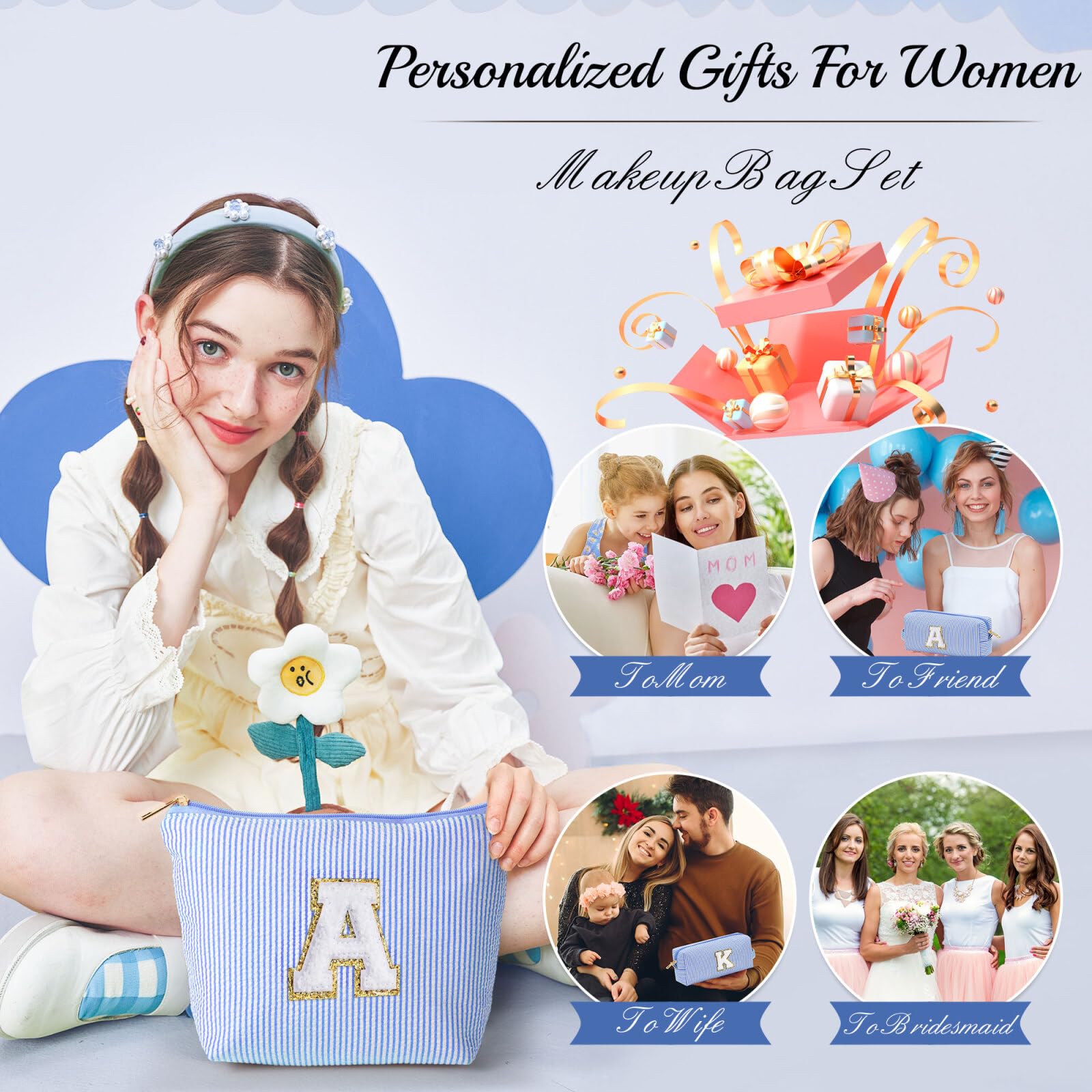 YOOLIFE Personalized Makeup Bag for Women, Initial Make Up Bag Travel Makeup Bag for Women Mom Birthday Gifts Cosmetic Bag Makeup Bag Birthday Gifts for Women Niece Gifts Teen Girl Gift for Her E