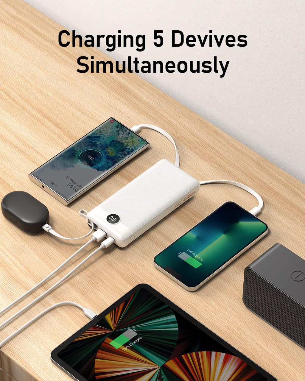 VEEKTOMX Power Bank with Built in Cables 20000mAh, Portable Charger for iPhone, USB C LED Display External Battery iPhone Charger Compatible with iPhone, iPad, Samsung and Android Devices for Travel