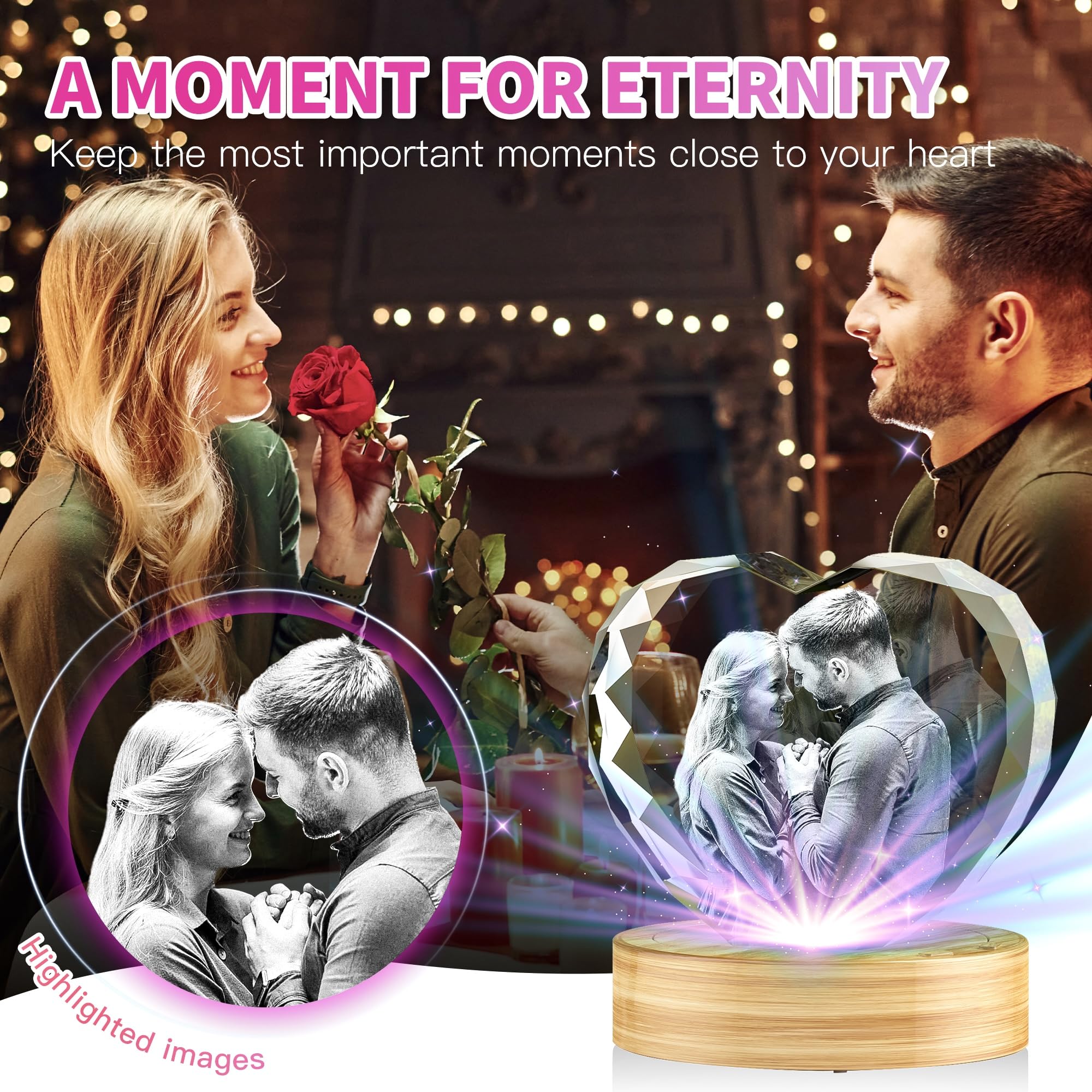 3D Crystal Photo, Great Christmas Personalized Gifts for Women, Wife, Her, Him, Mom, Dad, Men, Husband, 3D Laser Etched Glass Picture, Customized Xmas Anniversary Couple Birthday and Pet Gifts