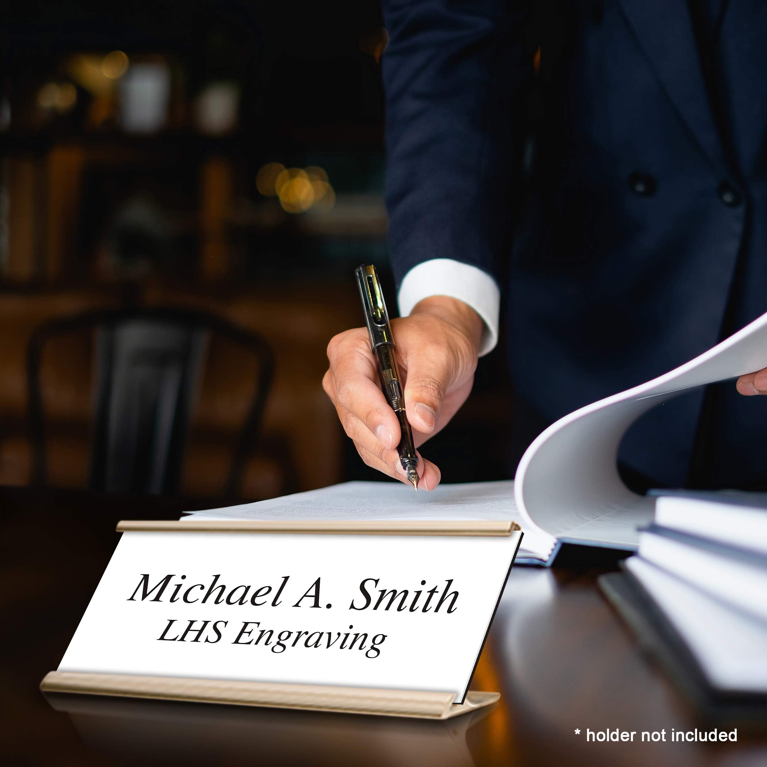 LHS - Door Name Plate Personalized for Office White Plastic Name Plate Black Letters | 2x8 - B16