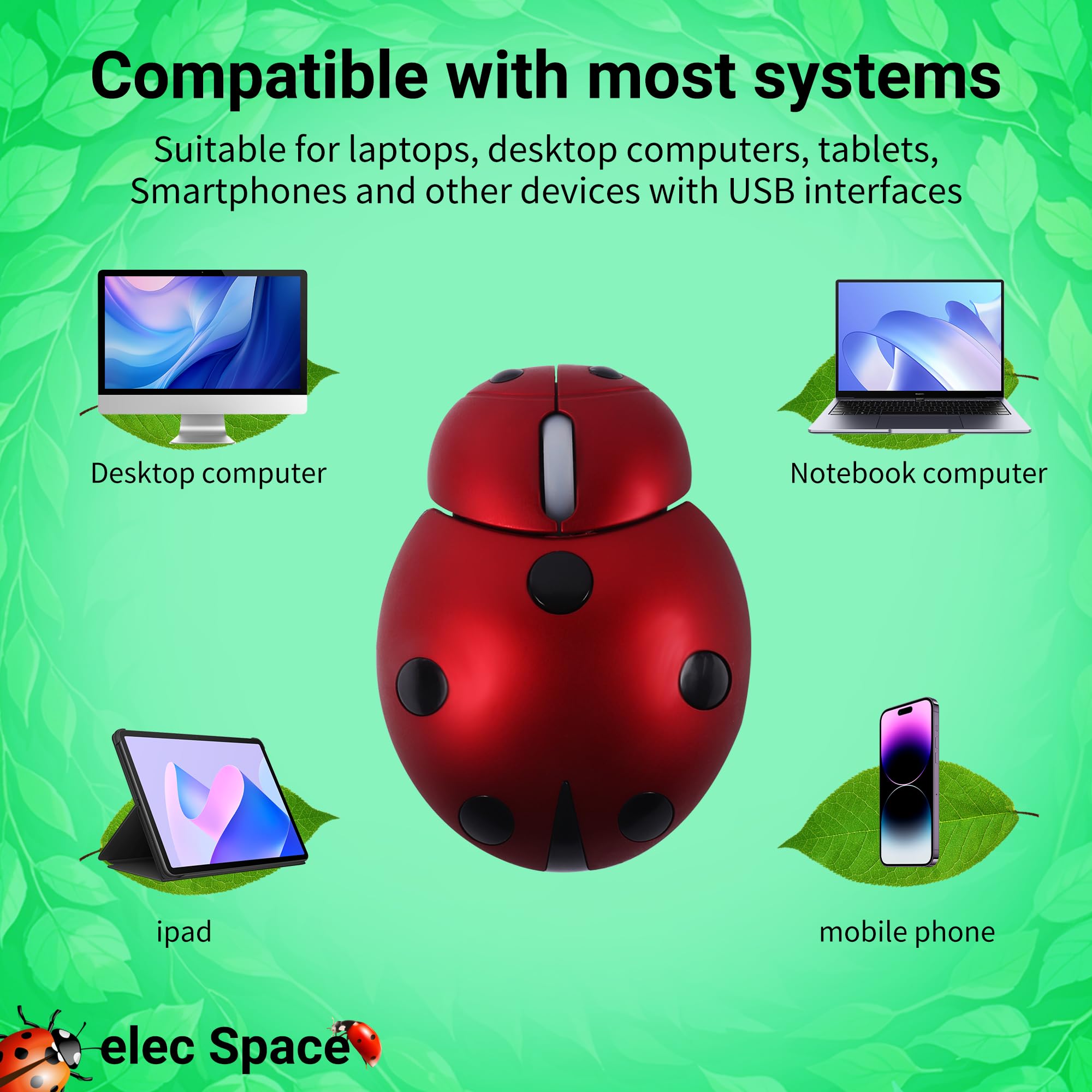 elec Space Mini Small Wireless Mouse for Kids, Cute Animal Ladybug Shape 3000DPI Portable Mobile Optical Mouse with USB Receiver Cordless Mouse for PC Mac Laptop Computer Notebook (Red)