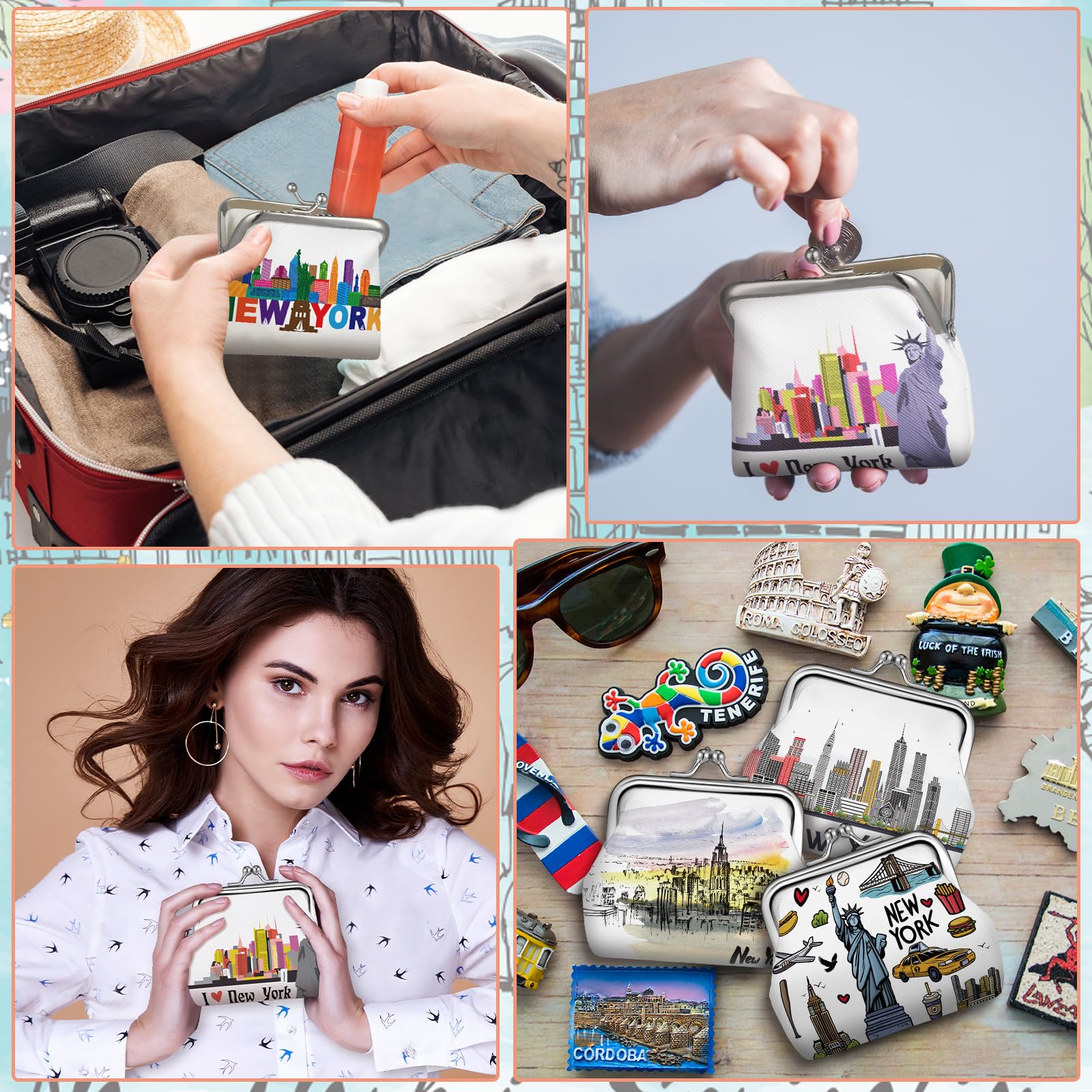 Yeyeplum 9 Pcs New York Souvenir Coin Purse for Girls Women Souvenir Change Wallet Gifts City Travel Vintage Kiss Lock Change Purses Bulk for Ladies Women Mother Teacher