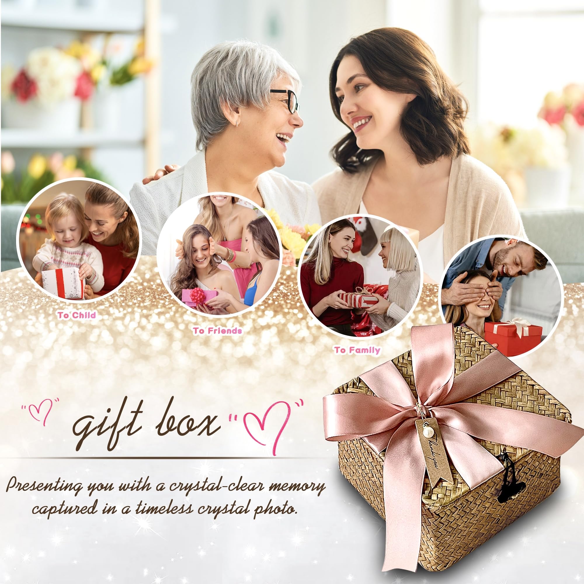 3D Crystal Photo, Great Christmas Personalized Gifts for Women, Wife, Her, Him, Mom, Dad, Men, Husband, 3D Laser Etched Glass Picture, Customized Xmas Anniversary Couple Birthday and Pet Gifts