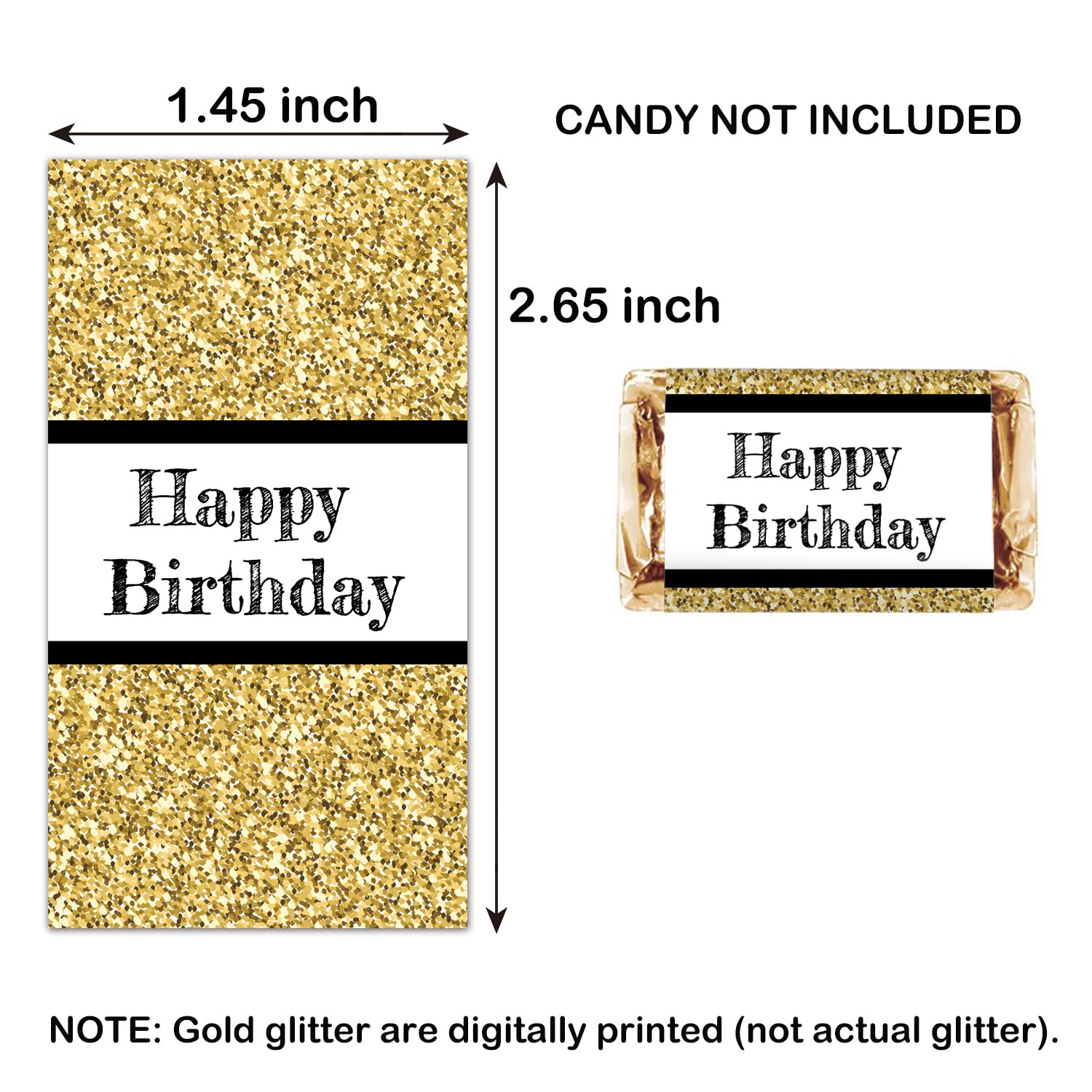 Happy Birthday Candy Bar Wrappers, Black and Gold Mini Candy Bar Wrappers Birthday Party Favors, Pack of 54