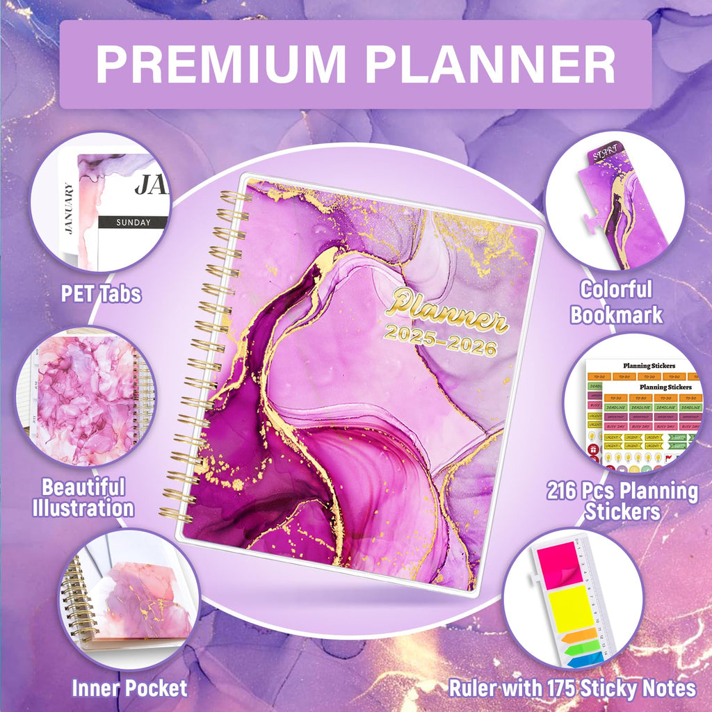 Planner 2025-2026 7.9" x 9.8", Large 18 Months Academic Daily Weekly Monthly Planner Yearly Agenda Jan. 2025–June. 2026, Page Tabs, Separator Page, Pocket Folder, Bookmark, Stickers, Sticky Note Set