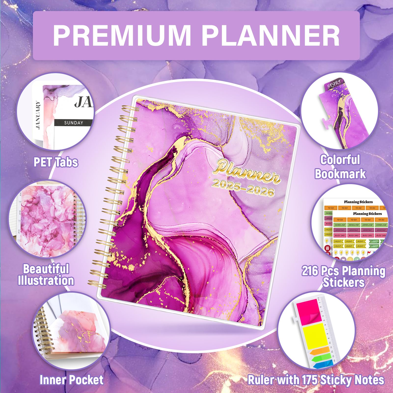 Planner 2025-2026 7.9" x 9.8", Large 18 Months Academic Daily Weekly Monthly Planner Yearly Agenda Jan. 2025–June. 2026, Page Tabs, Separator Page, Pocket Folder, Bookmark, Stickers, Sticky Note Set