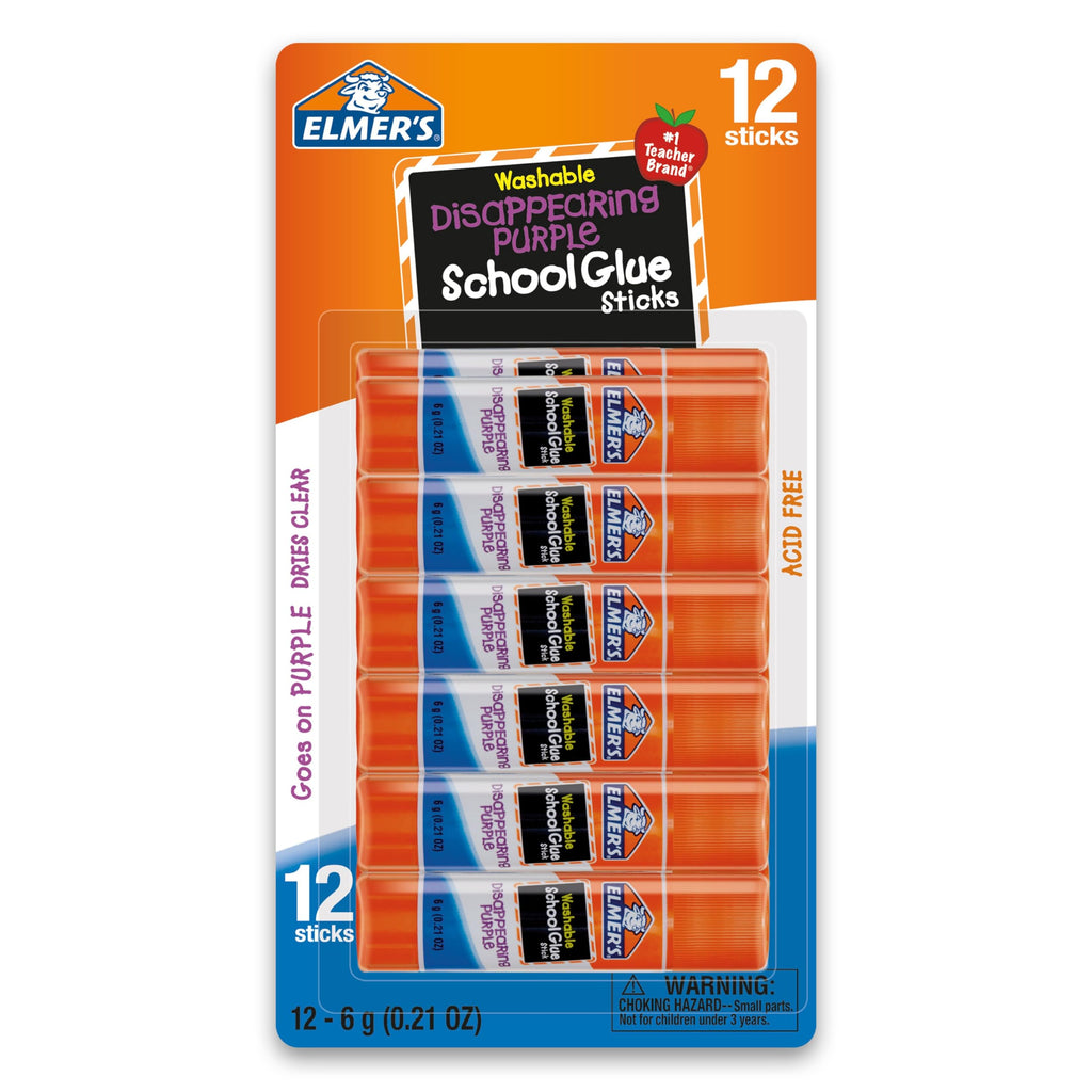 Elmer's Disappearing Purple School Glue Sticks, Washable and Non-Toxic, 6 Grams, Pack of 12 - Ideal for School and Craft Projects