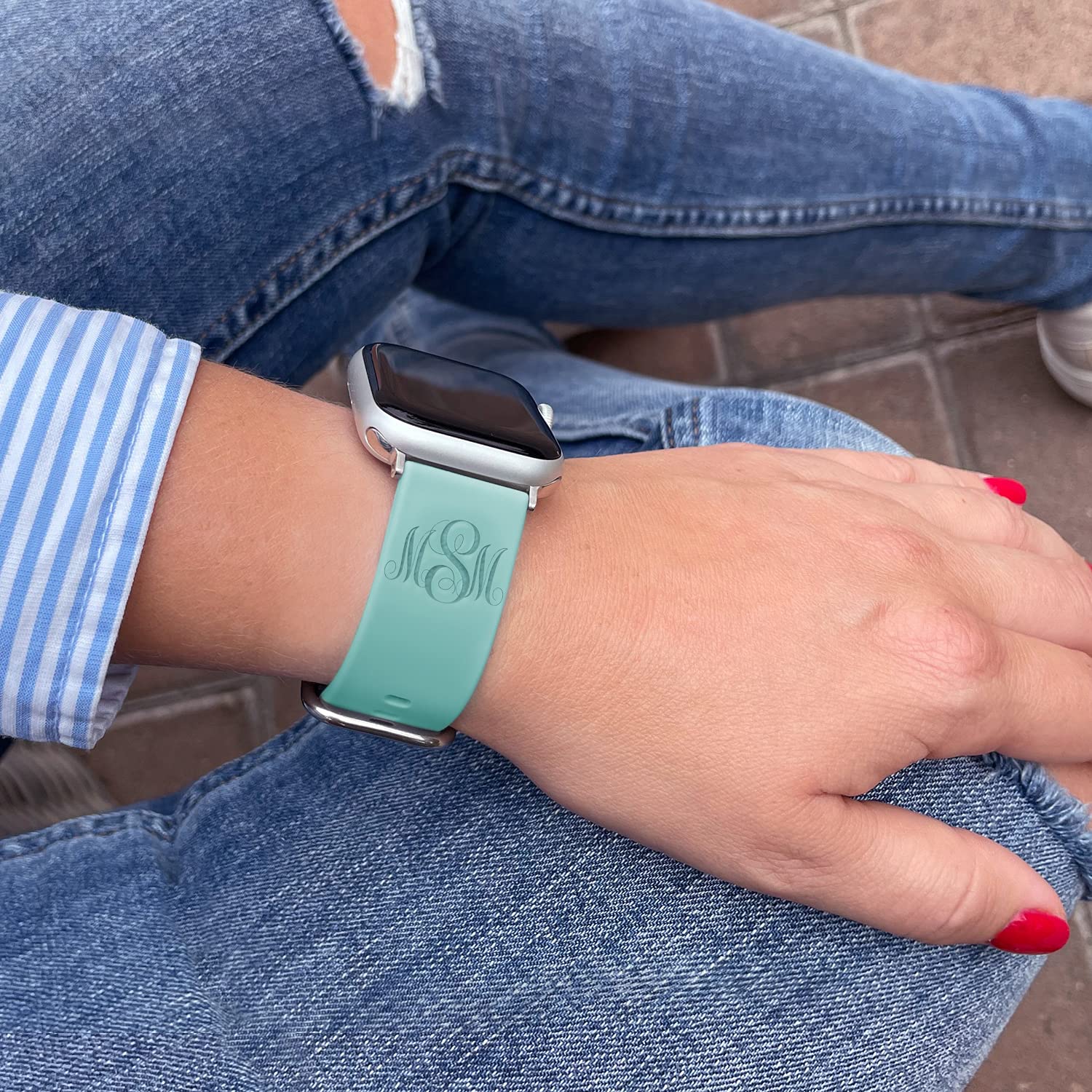 Custom Personalized Bands Compatible with Apple Watch 38mm 40mm 42mm 44mm, Name Monogram Laser Engraved Gift Soft Silicone Sport Loop Replacement Wrist Strap for iWatch Series 9/8/7/SE/6/5/4/3/2/1