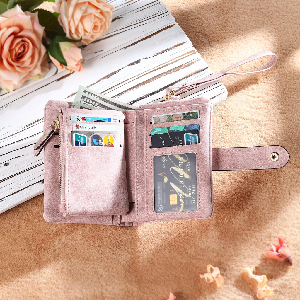 Aiemghsde Personalized Custom Wallet with Birth Flower & Name for Women Mom Credit Card Wallet With Wrist Strap Birthday Gifts for Mothers Day (Pink)