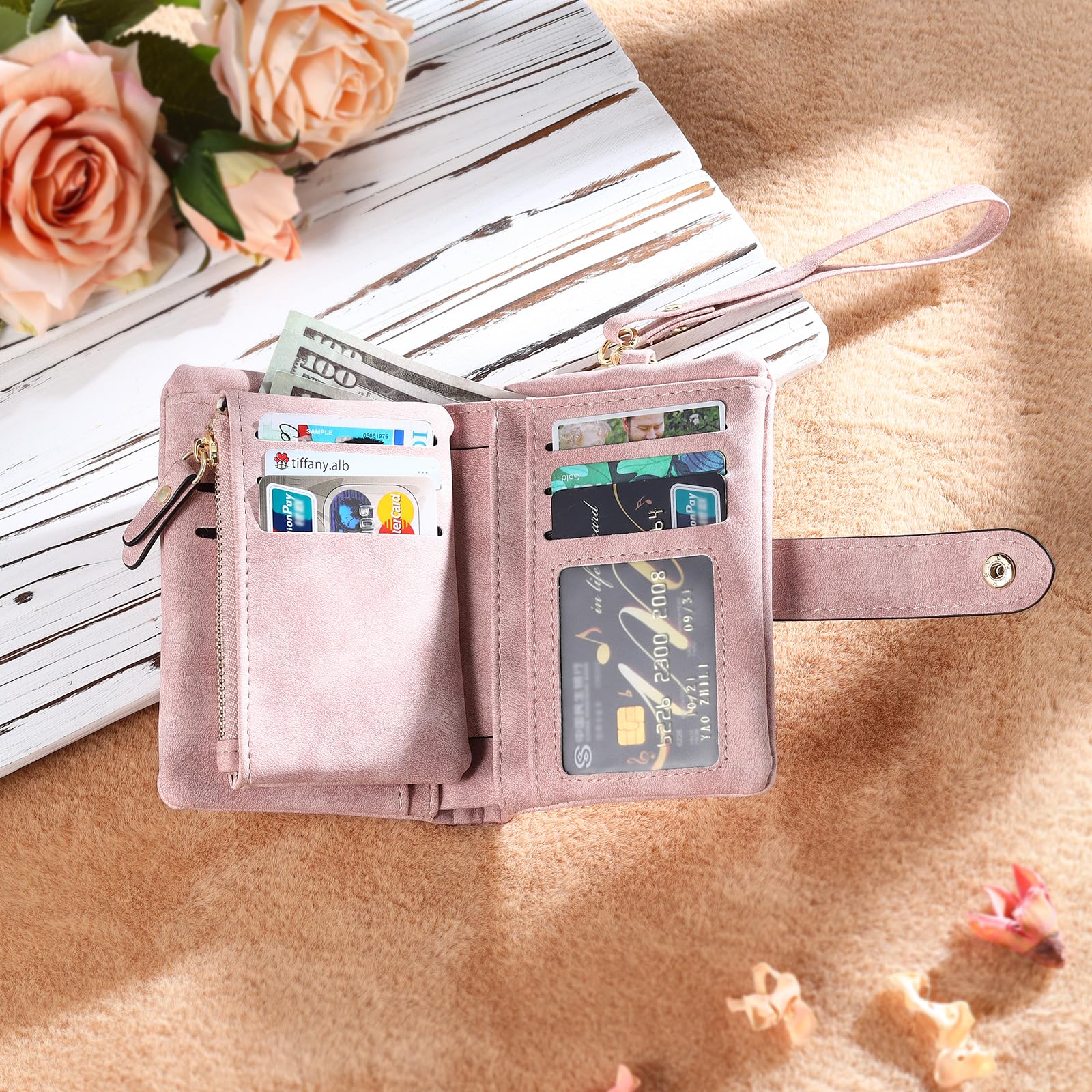 Aiemghsde Personalized Custom Wallet with Birth Flower & Name for Women Mom Credit Card Wallet With Wrist Strap Birthday Gifts for Mothers Day (Pink)