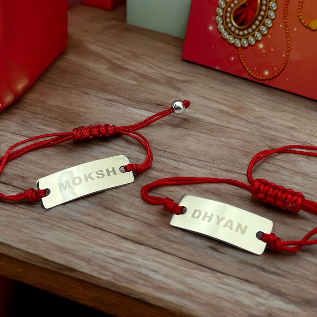 LoveNspire Personalized Stainless Steel Rakhi for Brother Custom Engraved Names Bracelet for Bhai - Raksha Bandhan Customizable Bracelets - Thread Rakhi Gift Hamper with Roli Chawal Greeting Card