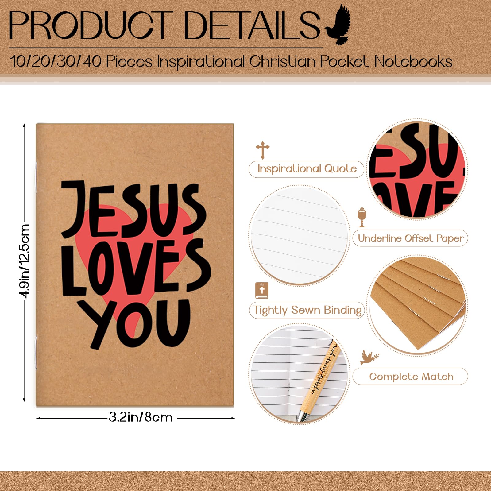 Tenceur 20 Sets Christian Gift Bulk Include Jesus Loves You Sign Inspirational Prayer Notepad Bible Bamboo Pen Religious Keychain with Organza Bags Church Party Favors for Sunday School
