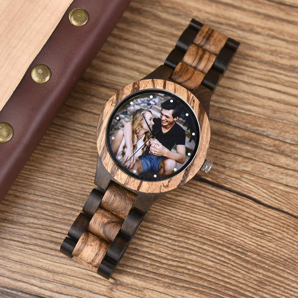Personalized Customized Wooden Watch for Men Original Engraved Photo Natural Wood Watches with Adjustable Wristband for Birthday Anniversary Present for Husband Dad Son or Boyfriend (Colorful)