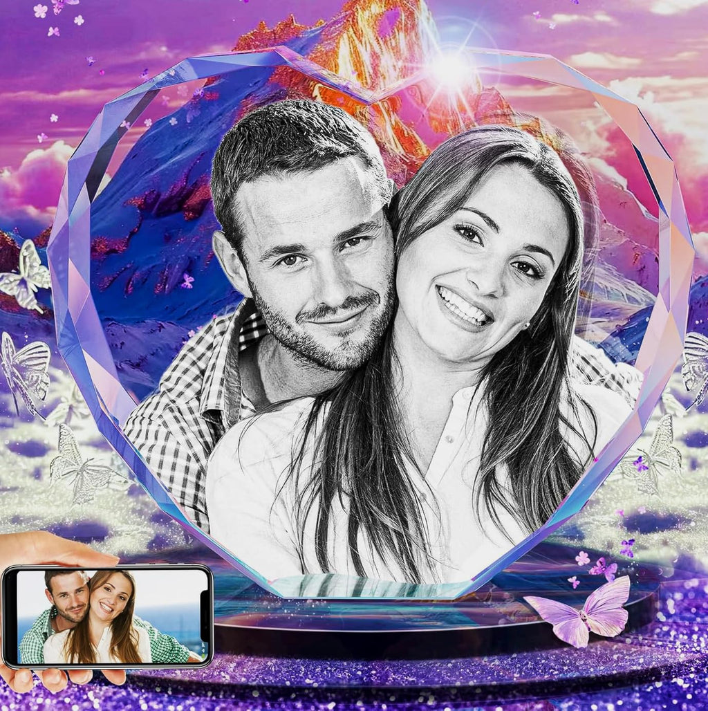 3D Crystal Photo, Great Christmas Personalized Gifts for Women, Wife, Her, Him, Mom, Dad, Men, Husband, 3D Laser Etched Glass Picture, Customized Xmas Anniversary Couple Birthday and Pet Gifts