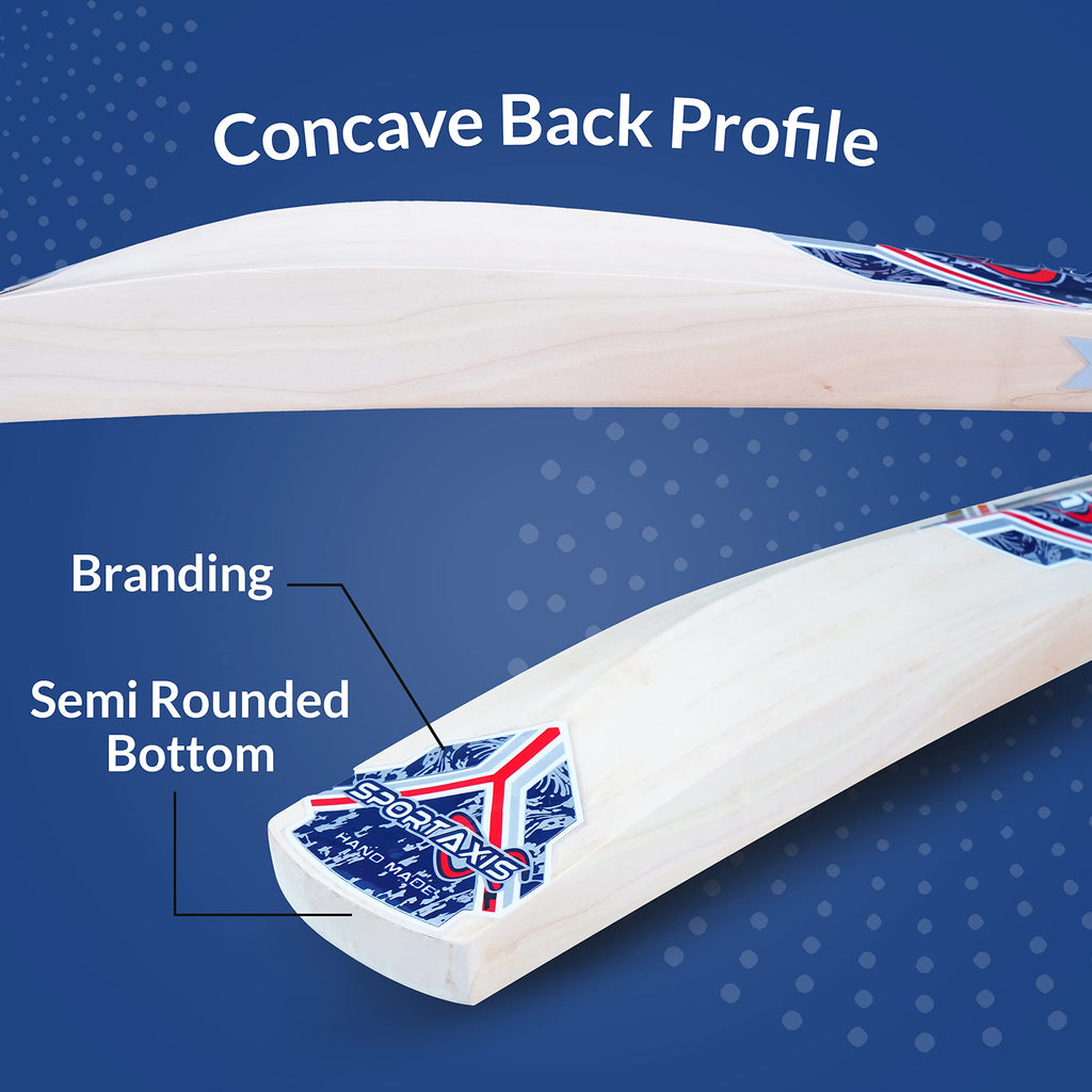 SPORTSAXIS Stunburn Grade 1 Kashmir Willow Cricket Bat - Rubber Grip, Semi Round Bottom - Full Size for Powerful Strikes - Ideal Training - Practice for Home/Club Play/Beach/Backyard Cricket