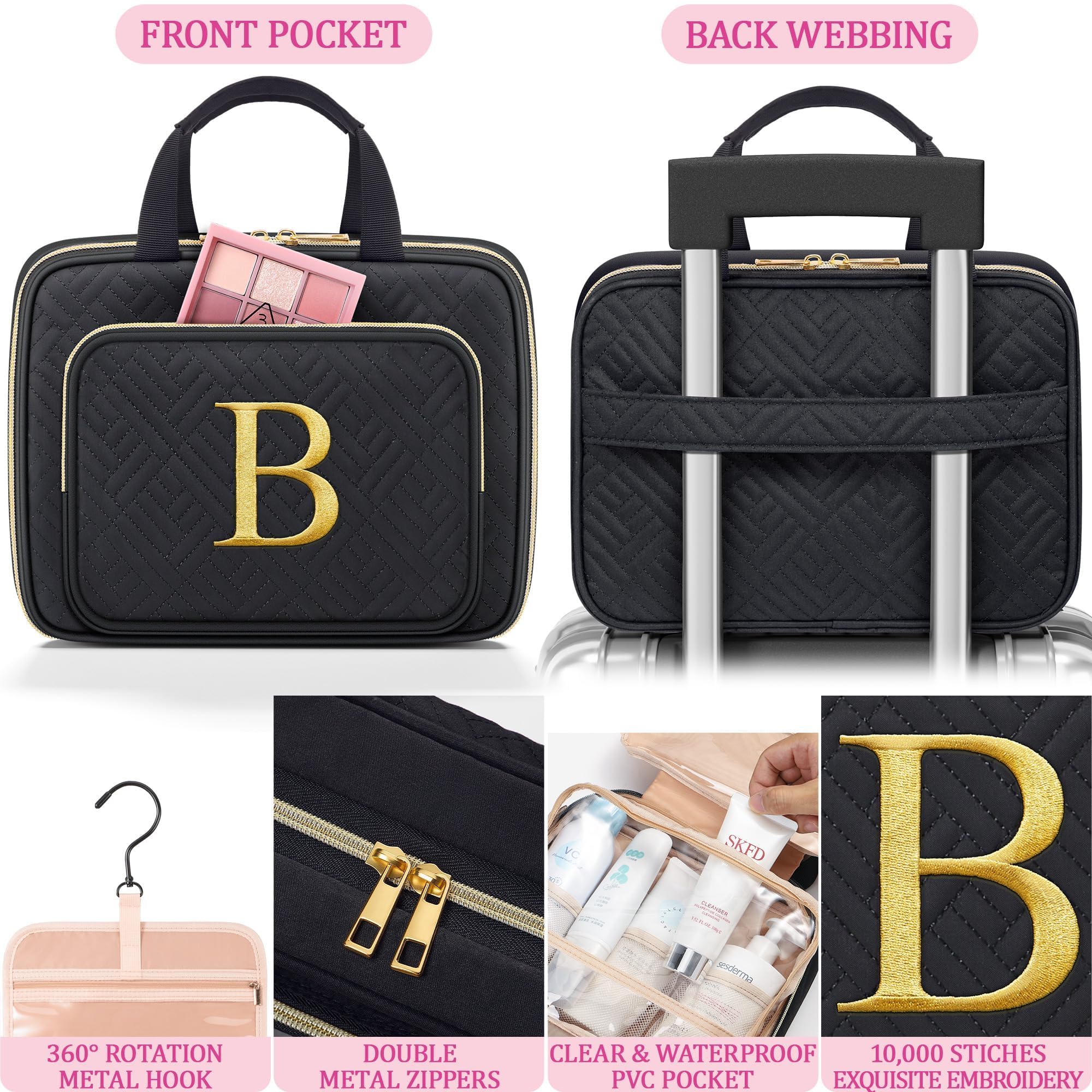 Gifts for Women - Initial Toiletry Bag & Makeup Bag Hanging Travel Organizer Cosmetic Bag with Embroidery Letter Personalized Birthday Valentines Day Gift for Mom Sister Teacher Her Wife Friend Auntie