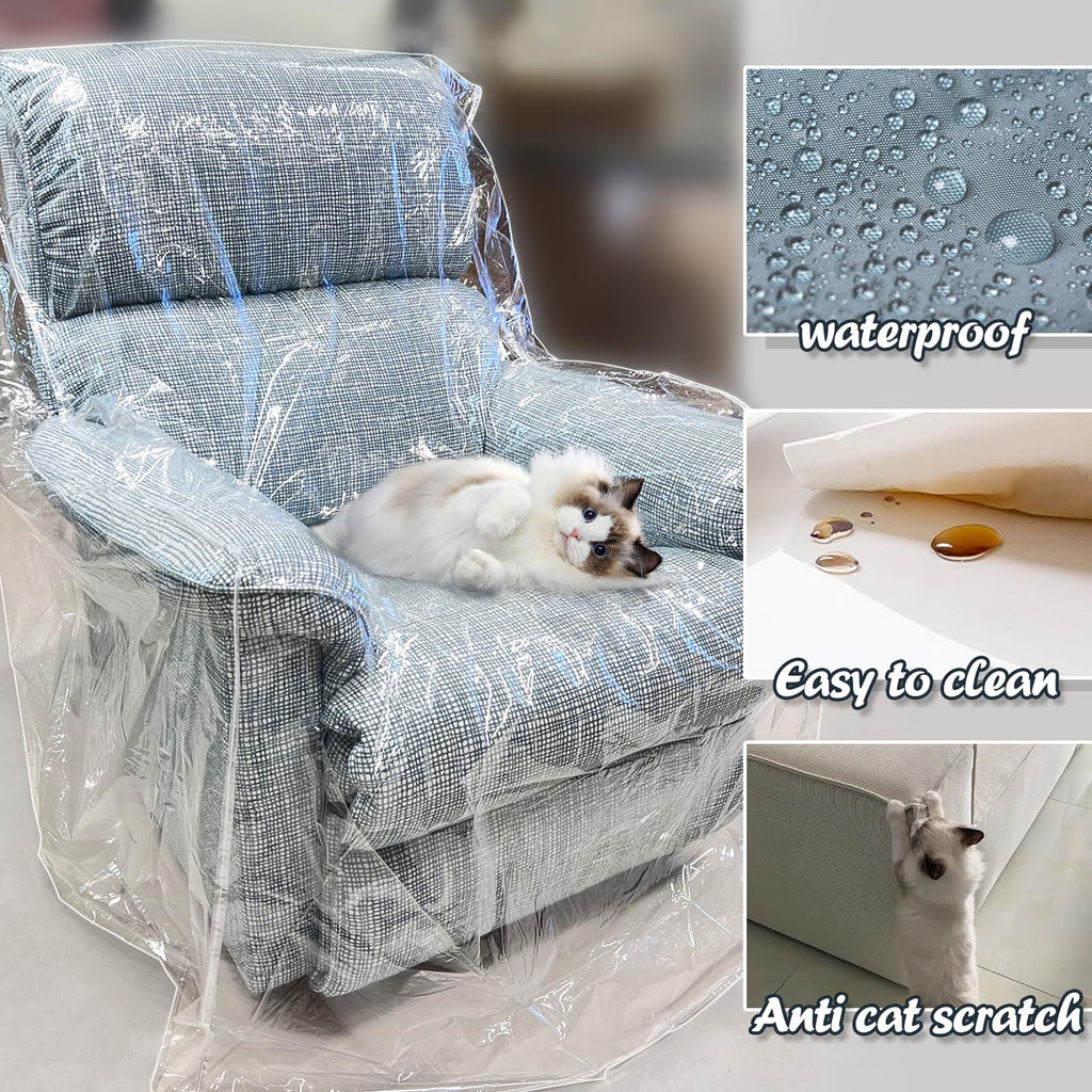 Swanna Plastic Recliner Furniture Cover – Clear Moving Bag for Couch, Heavy Duty Waterproof Cover Pets | Cat Scratching Protector,Plastic Chair Cover 42" BH x 25" AH x 36”W x 40”D (Armchair-1 Pack)