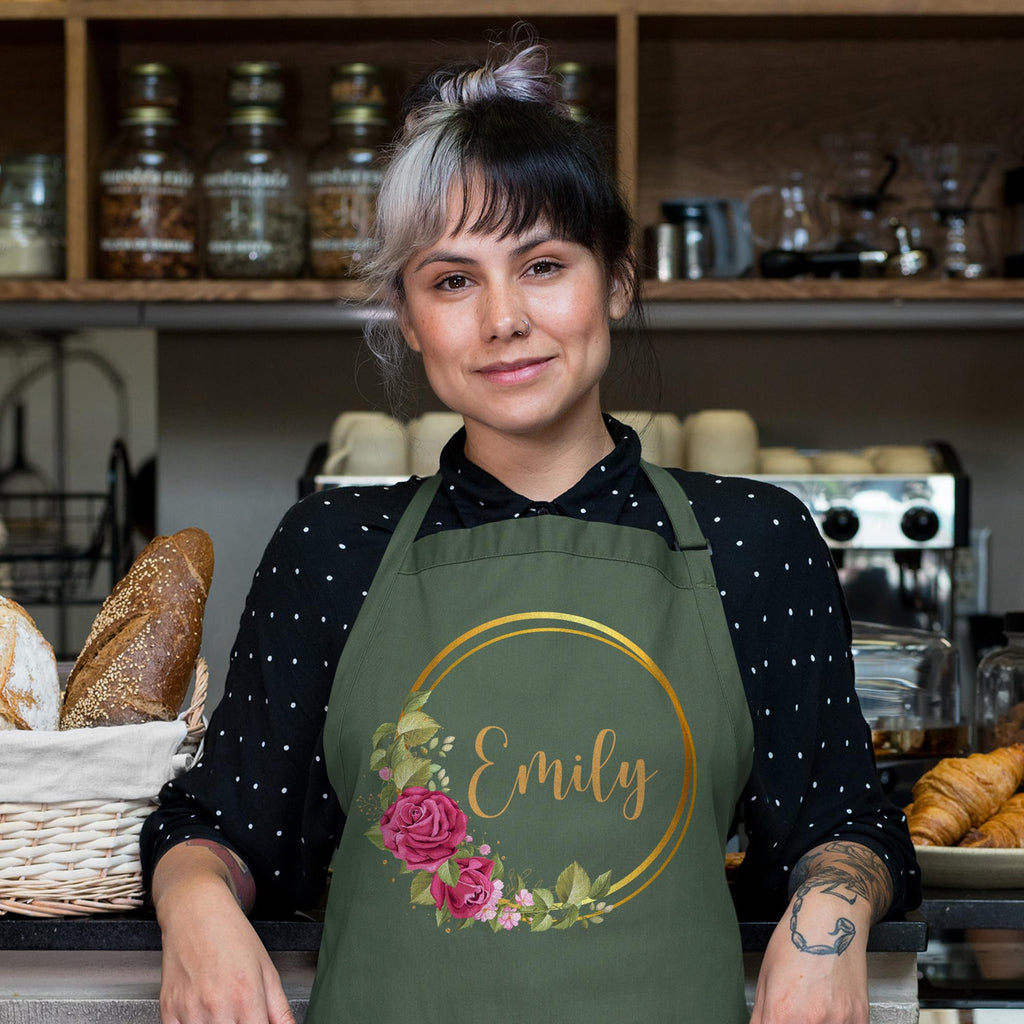 ROKO CLOTHING Personalized Apron Floral Initials Design Name Text with Pockets - Custom Name Kitchen Aprons Women, Gift for Baking, Cooking, BBQ, Gardening, Adjustable Neck & Waist