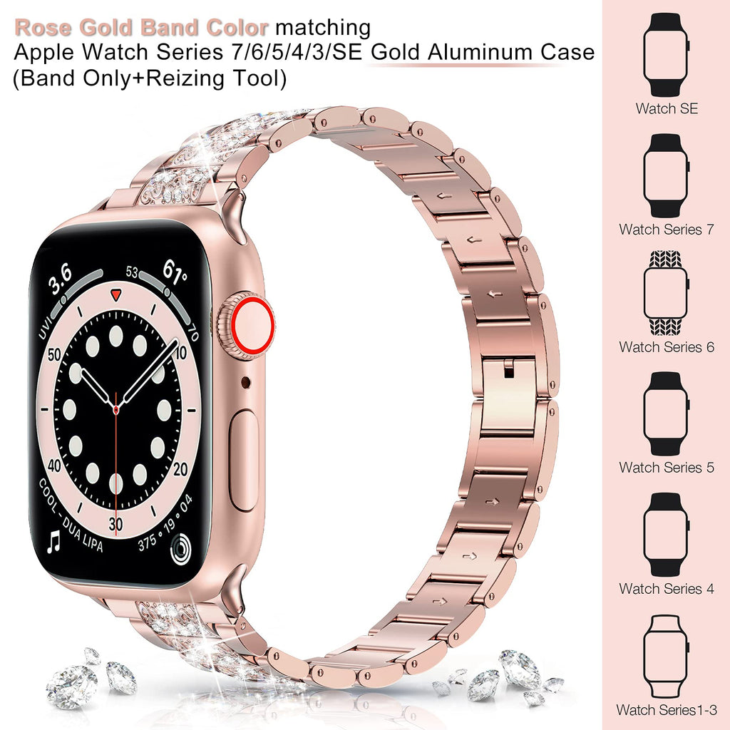 LELONG Compatible with Apple Watch Band 38mm 40mm 41mm Series 9 8 7 6 5 4 3 2 1 SE Ultra for women, Bling Replacement Bracelet iWatch Band, Sparkle Diamond Rhinestone Stainless Steel Metal Wristband