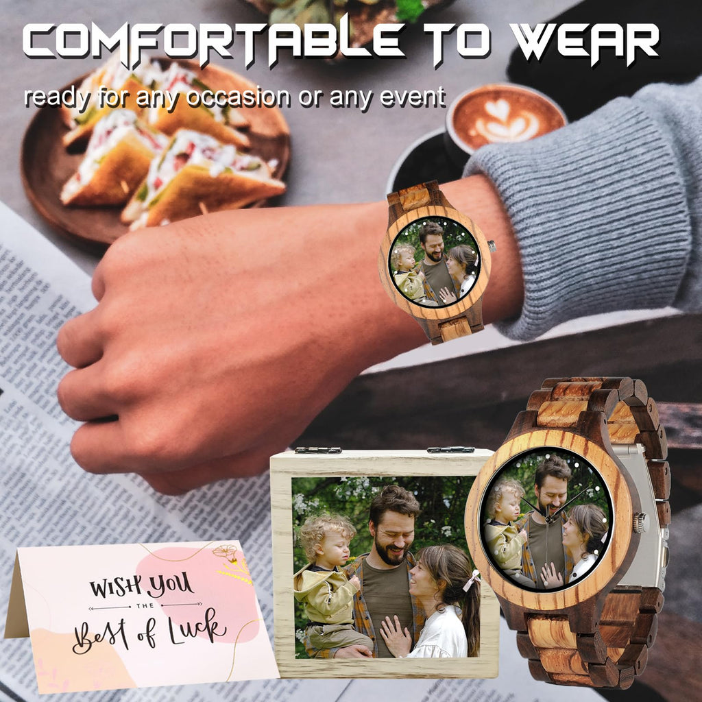 Personalized Customized Wooden Watch for Men Original Engraved Photo Natural Wood Watches with Adjustable Wristband for Birthday Anniversary Present for Husband Dad Son or Boyfriend (Colorful)
