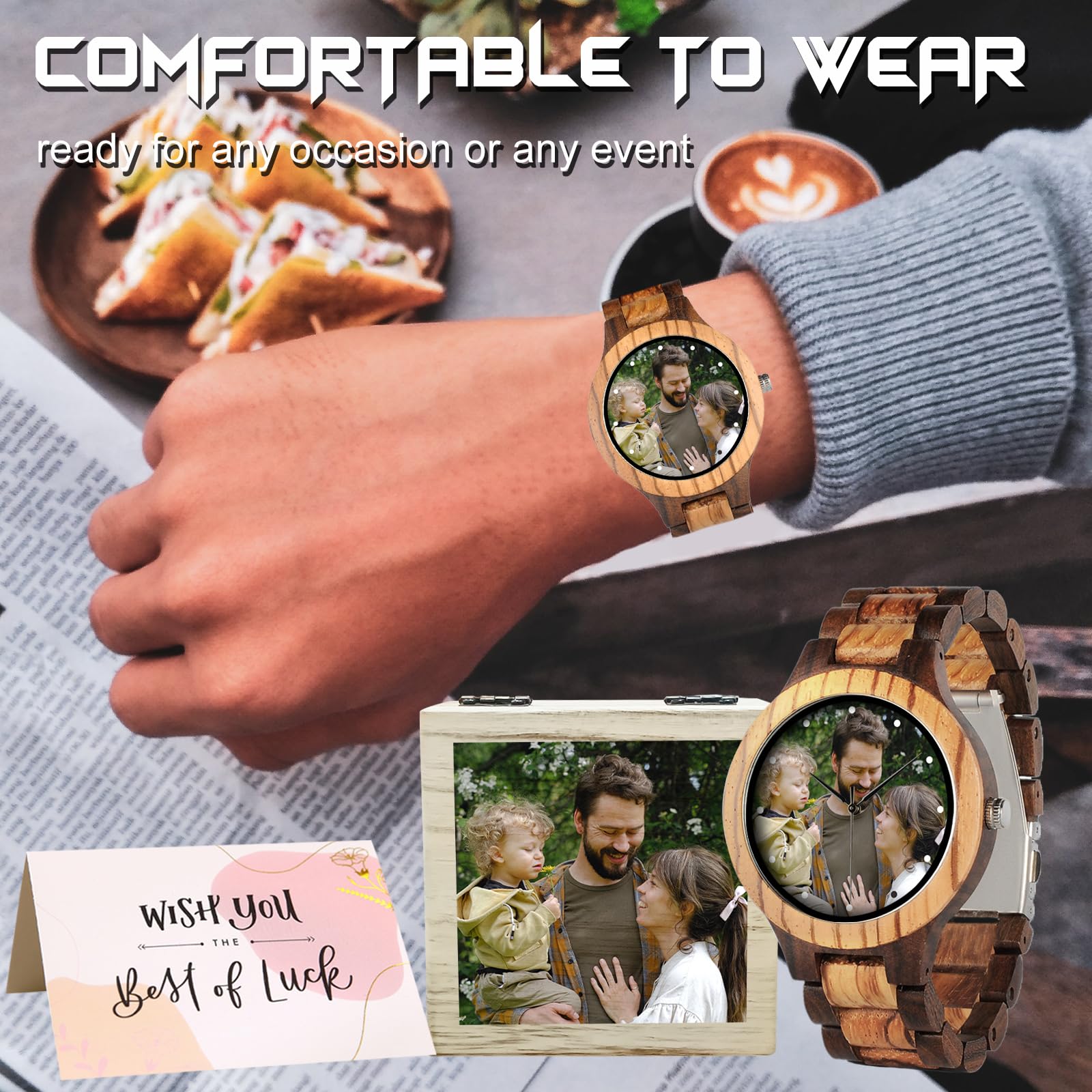 Personalized Customized Wooden Watch for Men Original Engraved Photo Natural Wood Watches with Adjustable Wristband for Birthday Anniversary Present for Husband Dad Son or Boyfriend (Colorful)
