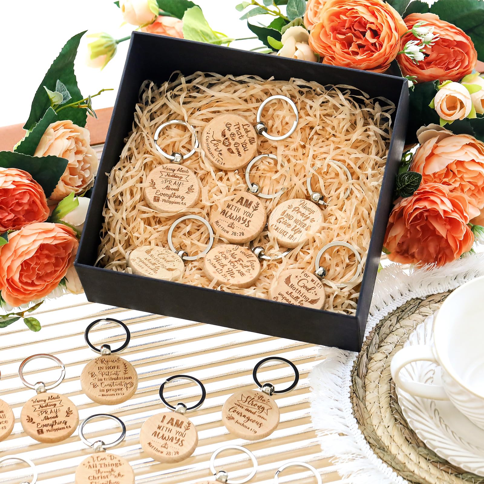 Chunful 100 Pcs Wooden Bible Inspirational Keychains Bulk Bible Verse Key Rings Religious Christian Keychains Rustic Engraving Thank Teacher Gift Graduation Gift for Women Men Students