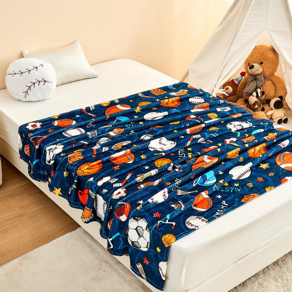 Wajade Sports Blanket for Boys,Soft Fleece 3D Soccer Basketball Baseball Football Kids Blanket for Couch Sofa Bedroom, Fuzzy Blanket and Throws Ball Blanket for Kids Boys Teens,50"x60"